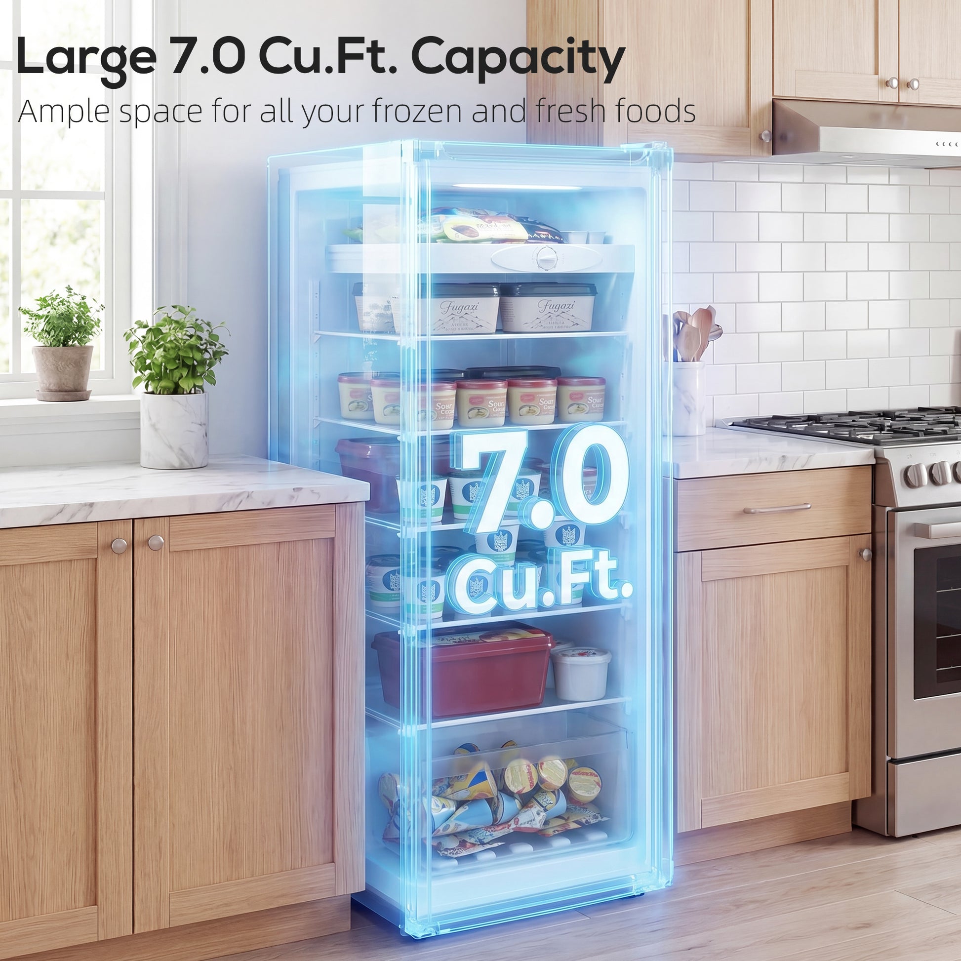 7.0 Cu.Ft Upright Freezer, Compact Stand Up Freezer with 6 Adjustable Shelves, Reversible Door for Home Office, Silver