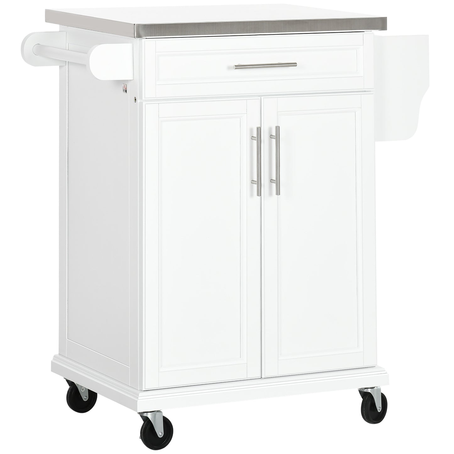 Kitchen Island with Stainless Steel Top, Rolling Kitchen Cart on Wheels with Storage Drawer, Cabinet, Towel Rack and Spi