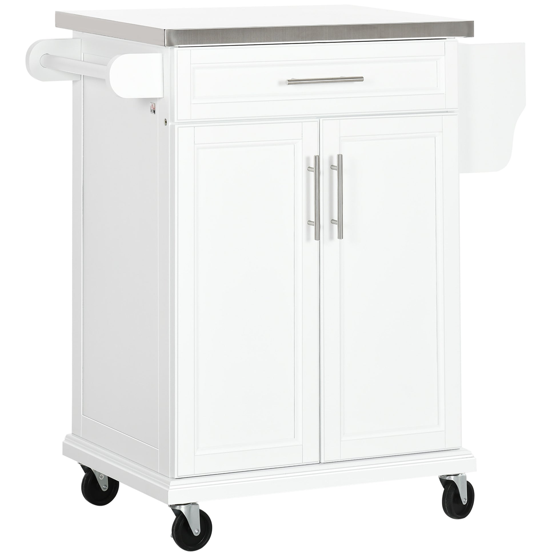Kitchen Island with Stainless Steel Top, Rolling Kitchen Cart on Wheels with Storage Drawer, Cabinet, Towel Rack and Spi
