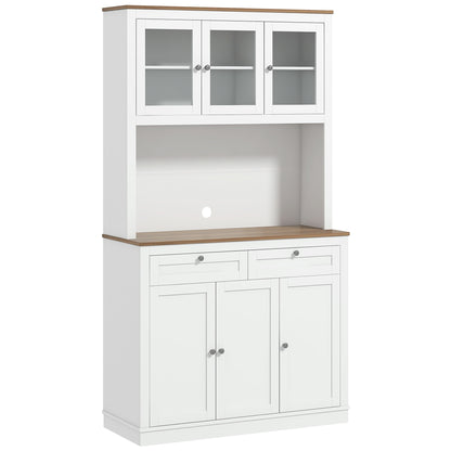 71" Pantry Cabinet with Microwave Space, Kitchen Cabinet with Hutch, 2 Drawers, Adjustable Shelves, Glass Doors, White