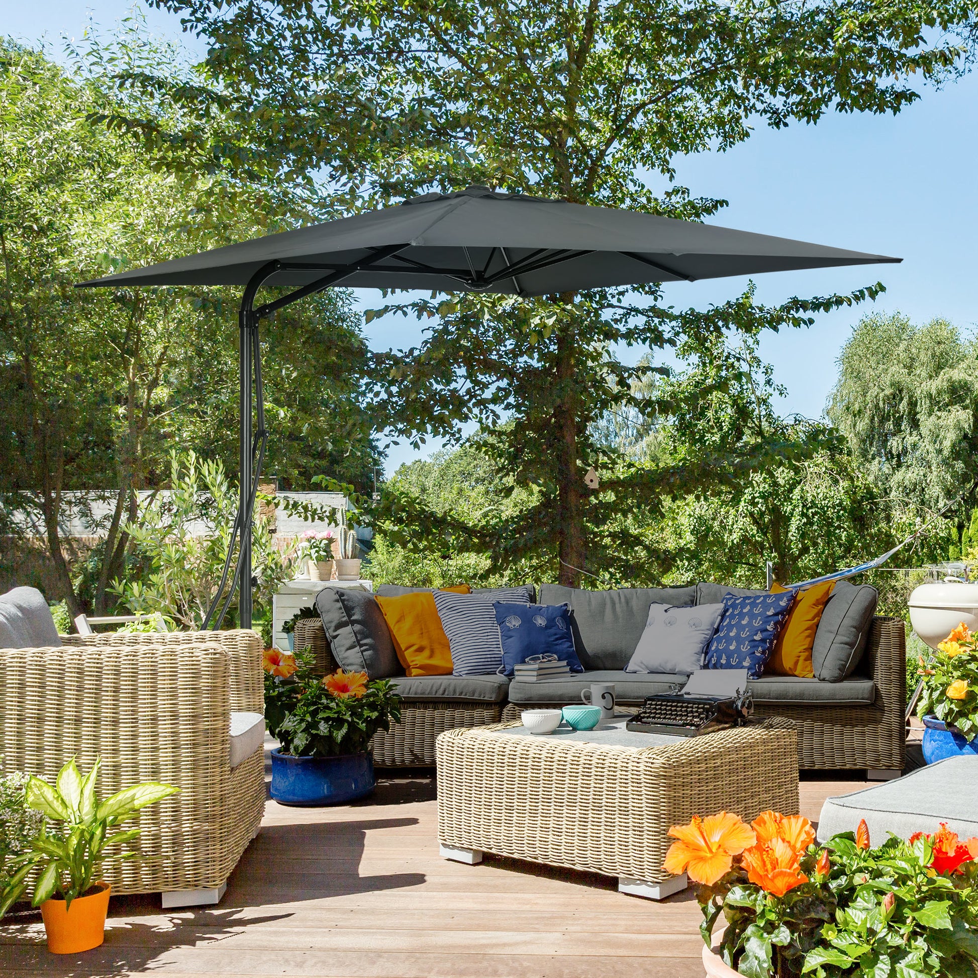 8FT Cantilever Patio Umbrella, Offset Patio Umbrella with Cross Base for Deck, Backyard, Pool and Garden, Hanging Umbrel