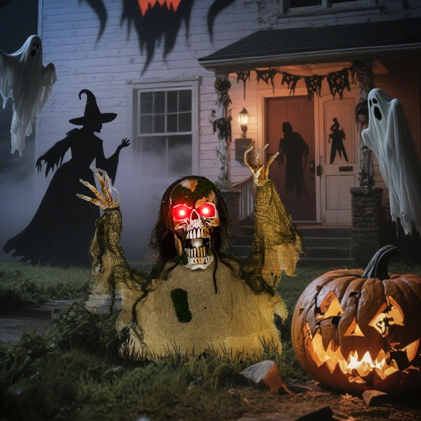 Halloween Animated Skeleton with Glowing LED Eyes, Animatronic Halloween Decorations, Battery Operated
