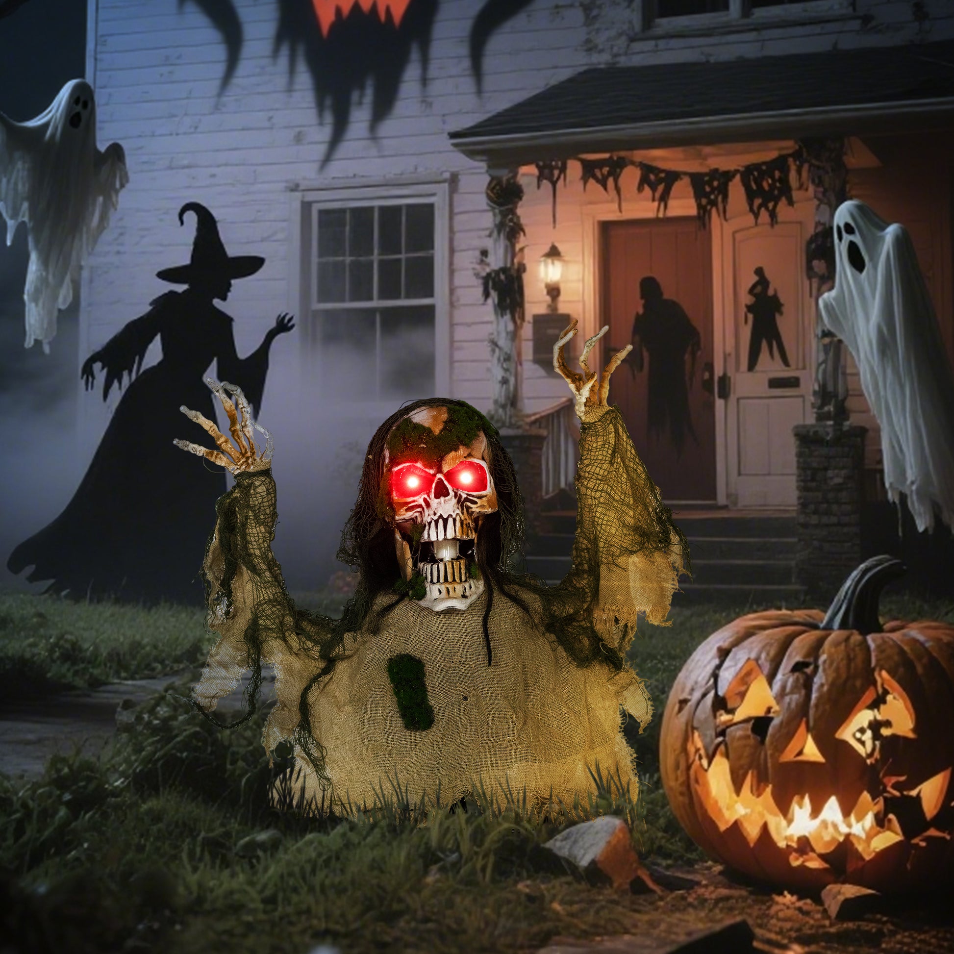 Halloween Animated Skeleton with Glowing LED Eyes, Animatronic Halloween Decorations, Battery Operated