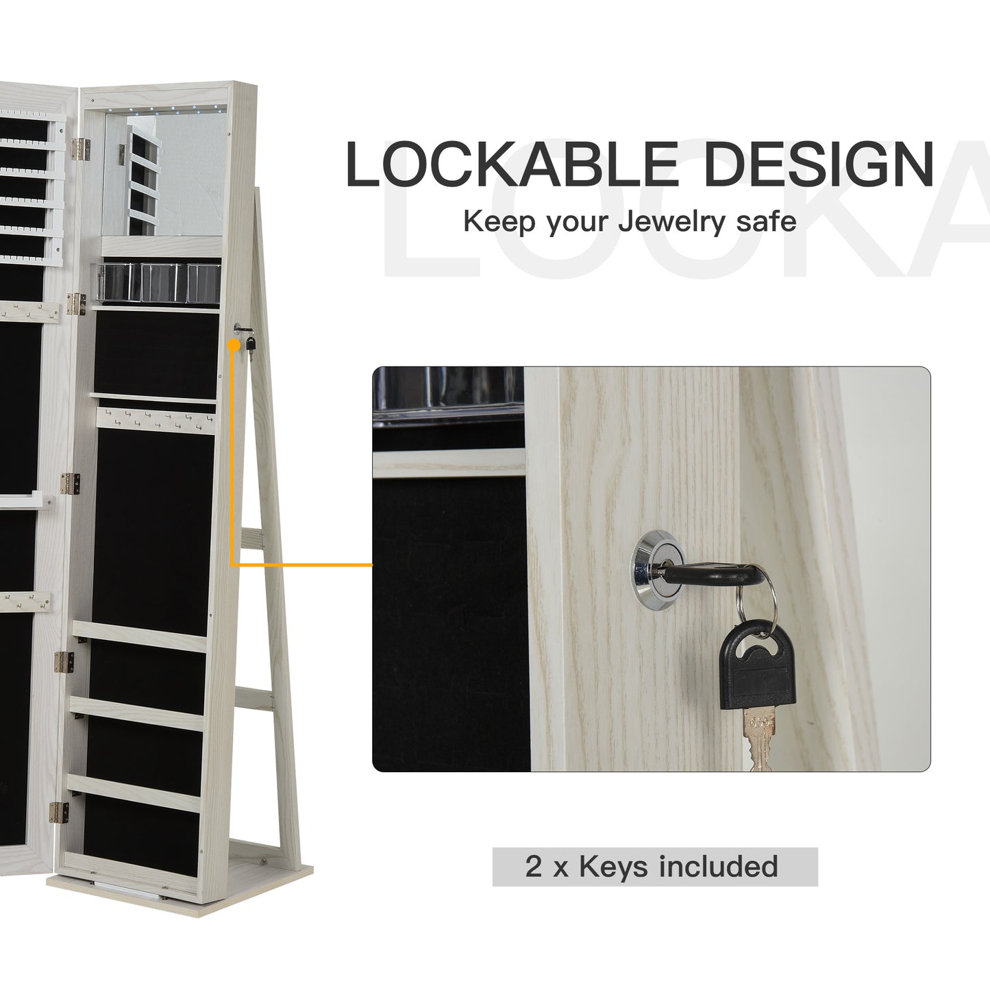 Mirror Jewelry Cabinet Armoire, Lockable Jewelry Organizer with Full-Length Mirror, LED Lights, Standing Jewelry Armoire