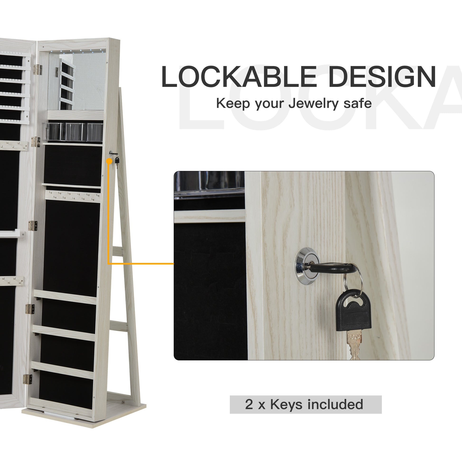 Mirror Jewelry Cabinet Armoire, Lockable Jewelry Organizer with Full-Length Mirror, LED Lights, Standing Jewelry Armoire