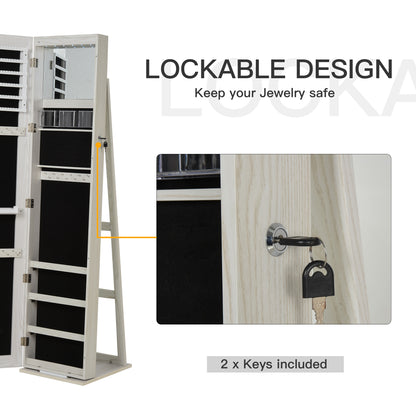 Mirror Jewelry Cabinet Armoire, Lockable Jewelry Organizer with Full-Length Mirror, LED Lights, Standing Jewelry Armoire