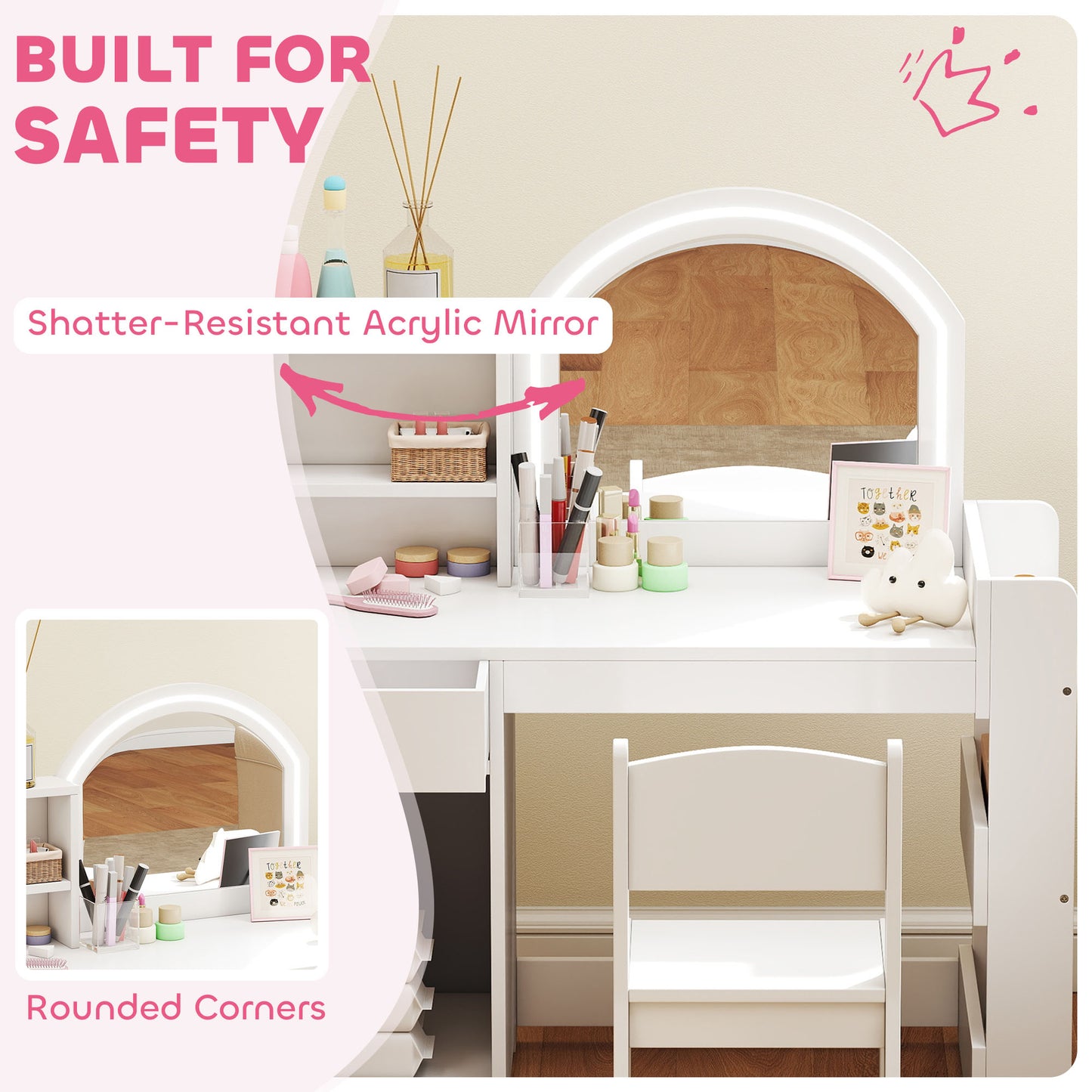 Qaba Kids Vanity Set, Toddler Dressing Table and Chair Set  with Lighted Mirror, Cabinet, Drawer and Shelves, White