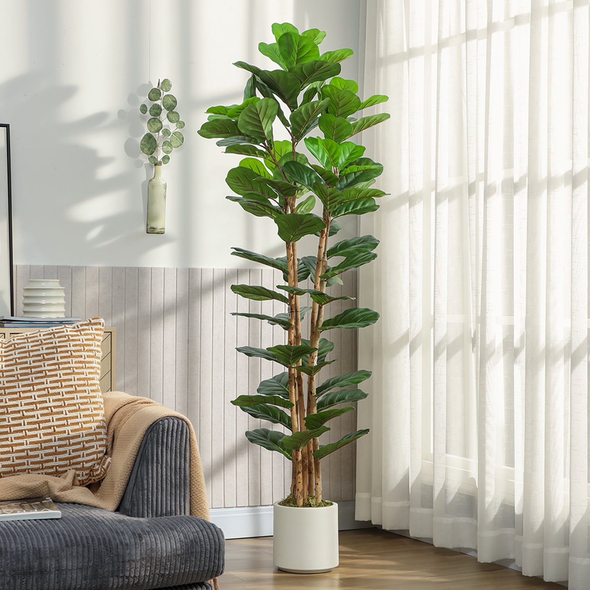 6FT Artificial Fiddle Leaf Fig Tree, Fake Potted Tree with Solid Wood Trunks and Lifelike Leaves for Indoor Decor, Green