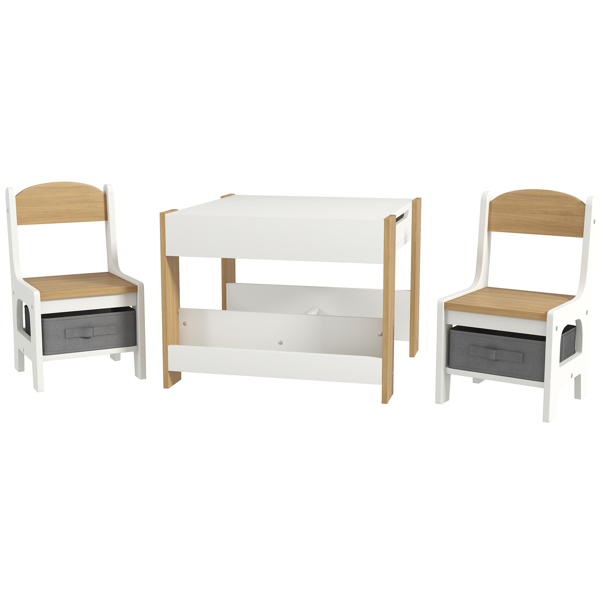 Qaba 3 Piece Kids Table and Chair Set with Reversible Tabletop, Blackboard, Storage, Bookshelf, for Playroom, Nursery Na