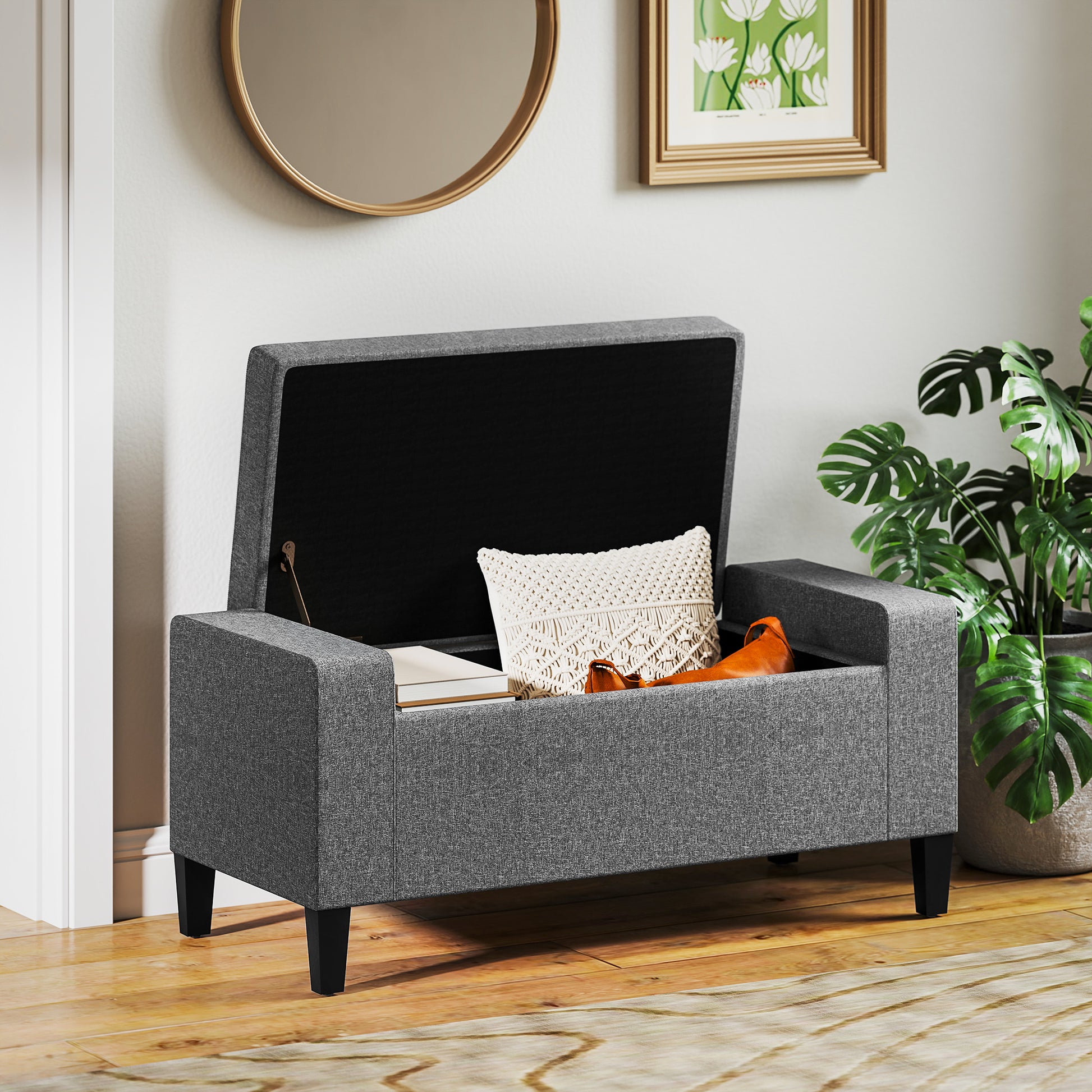 36" Storage Ottoman Bench, Linen-Look Fabric End of Bed Bench with Solid Wood Frame and Legs, Tufted Storage Chest, Foot