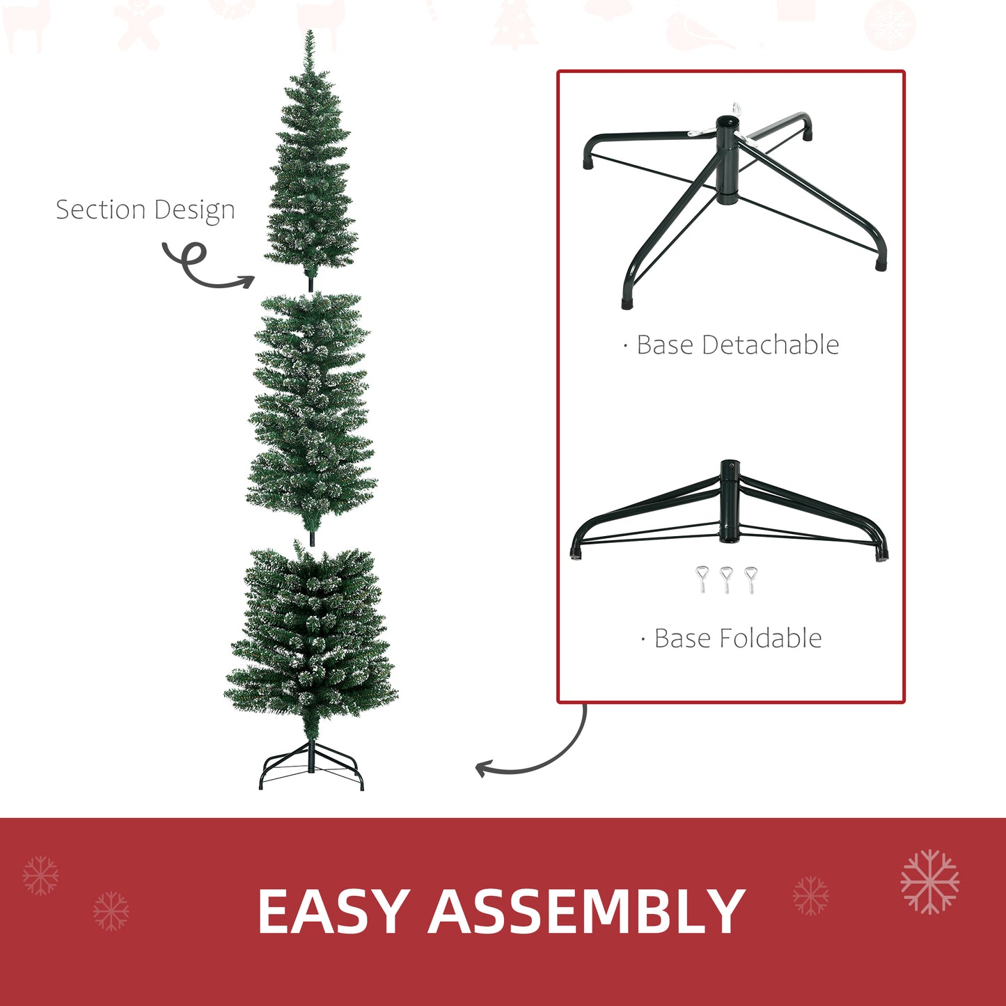 7.5FT Artificial Snow Dipped Christmas Tree Xmas Pencil Tree Holiday Home Indoor Decoration with Foldable Black Stand, G