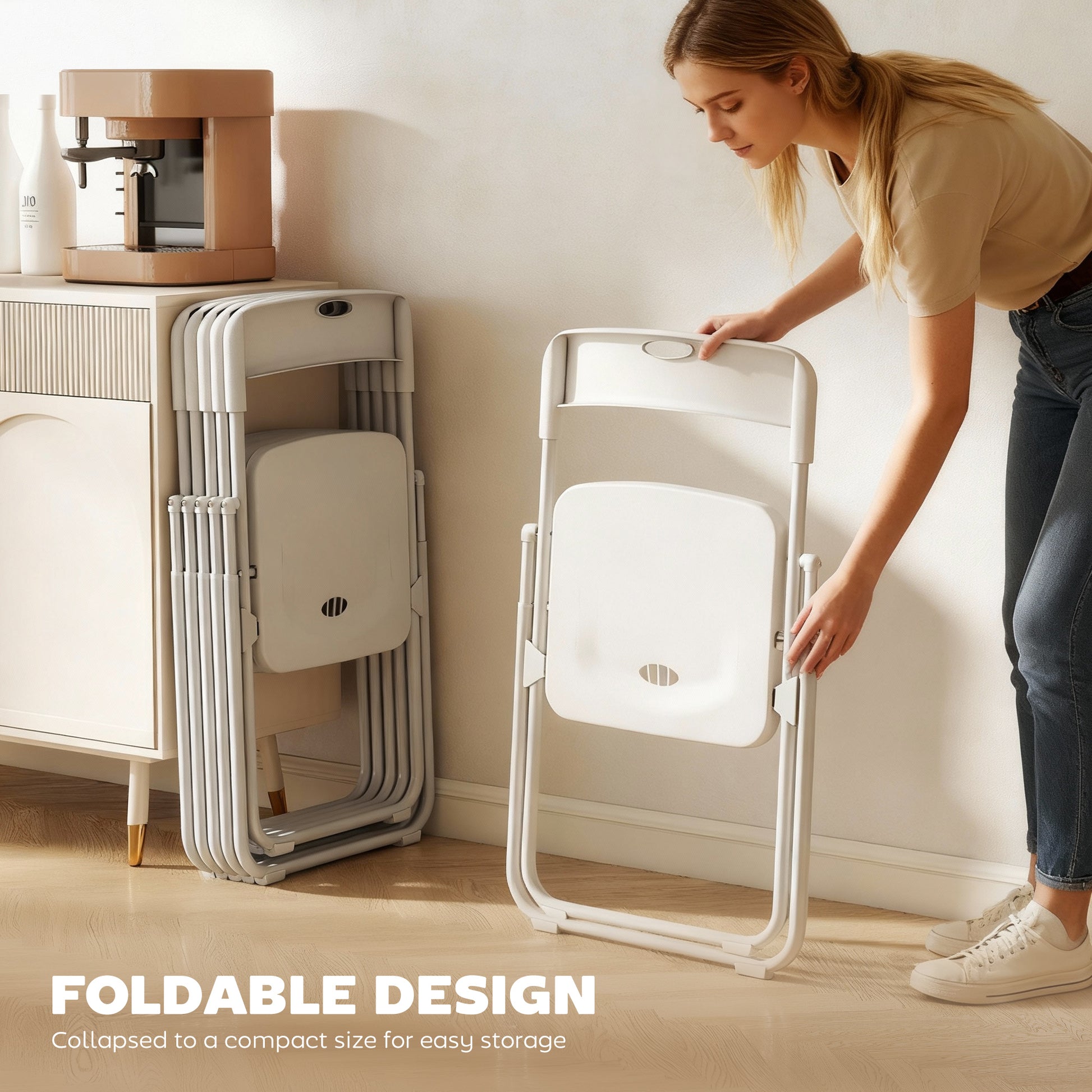 Folding Chairs 6 Pack, Plastic Foldable Chairs with Vent, Carry Hole and Steel Frame for Home, Office, Dining, White