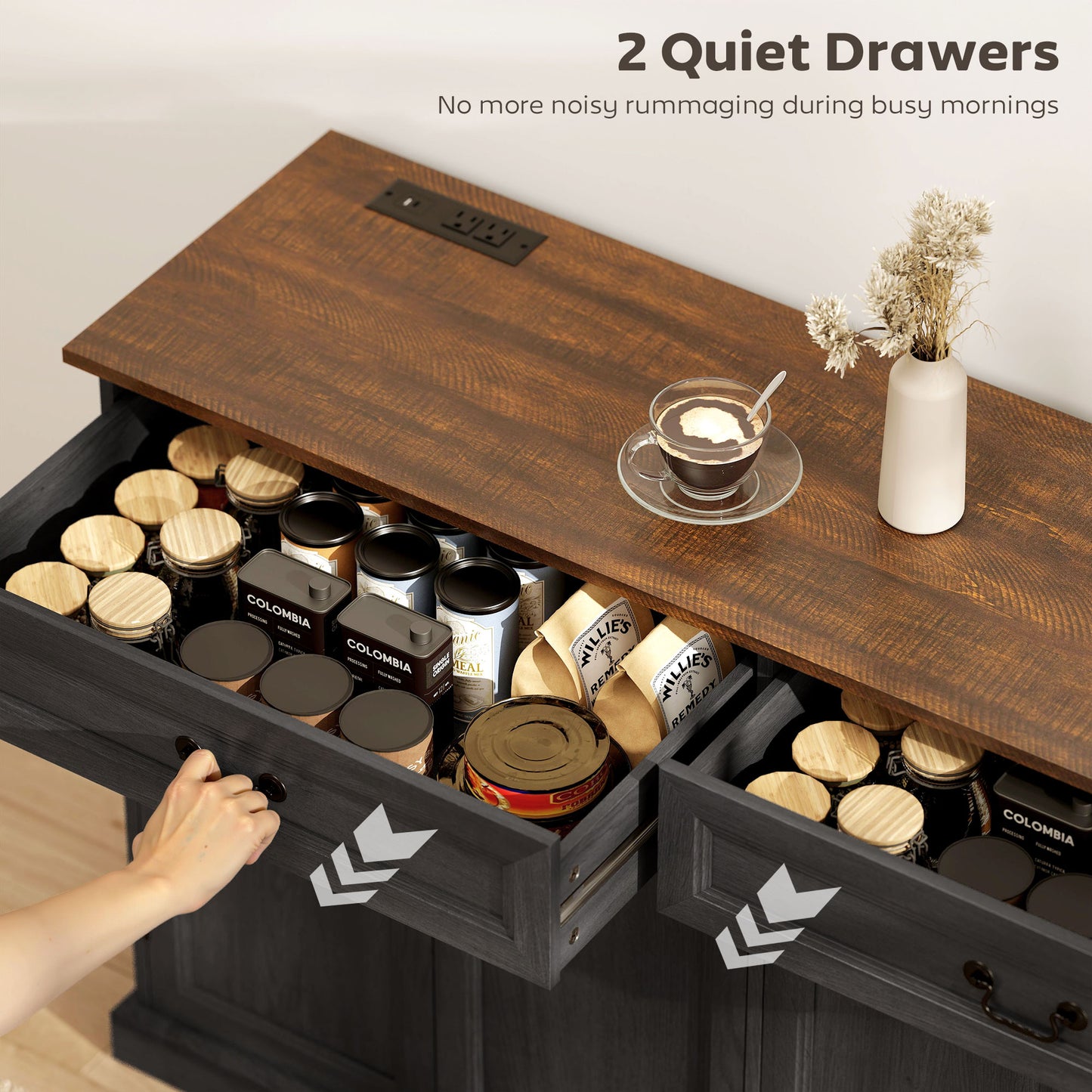 55" Farmhouse Sideboard Buffet Cabinet with Charging Station, 2 Drawers and 2 Adjustable Shelves, Black Wood Grain