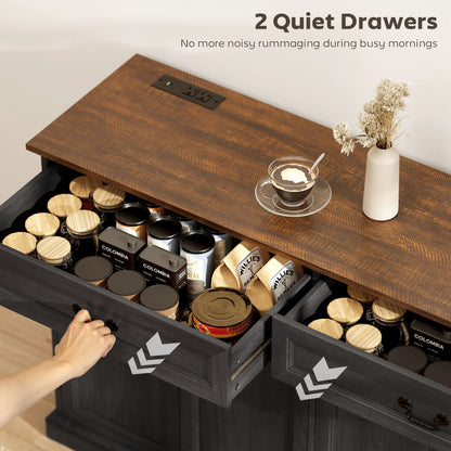 55" Farmhouse Sideboard Buffet Cabinet with Charging Station, 2 Drawers and 2 Adjustable Shelves, Black Wood Grain