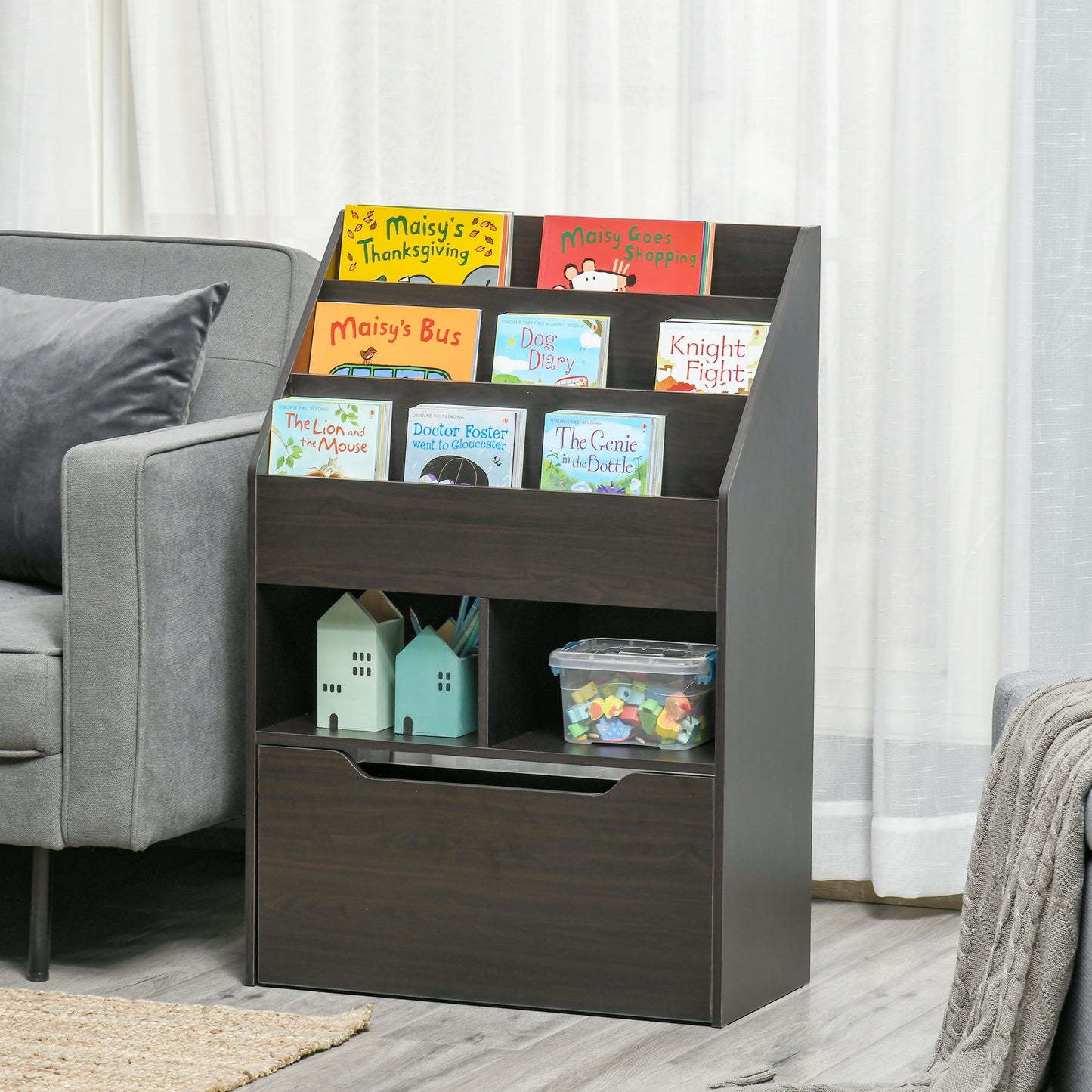 Kids Bookshelf Bookcase, Montessori-Inspired 4 Tier Large Capacity Rack Organizer with Moveable Drawer for Books for Rea