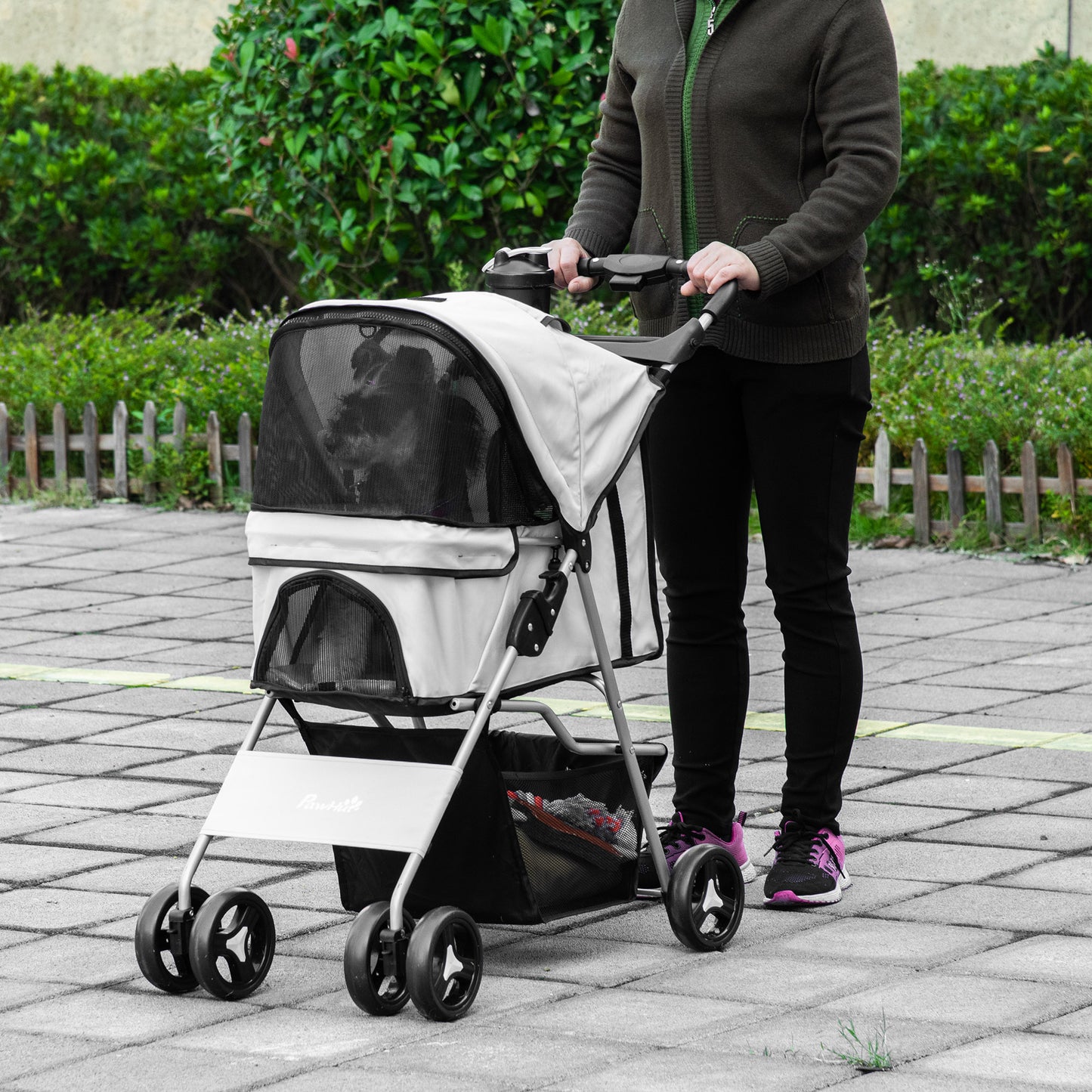 Cat Dog Stroller, One-click Foldable Pet Stroller w/Cup Holder, 4 Wheels Travel Carrier w/Brakes, 360° Swiveling Front W