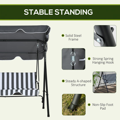 3-Seater Outdoor Porch Swing with Adjustable Canopy, Patio Swing Chair for Garden, Poolside, Backyard, Grey and White