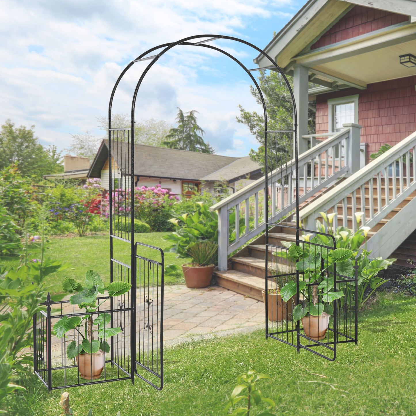 7.2FT Metal Garden Arch with Gate, 2 Side Planter Baskets, Garden Arbor Archway Trellis for Roses and Climbing Plants, B