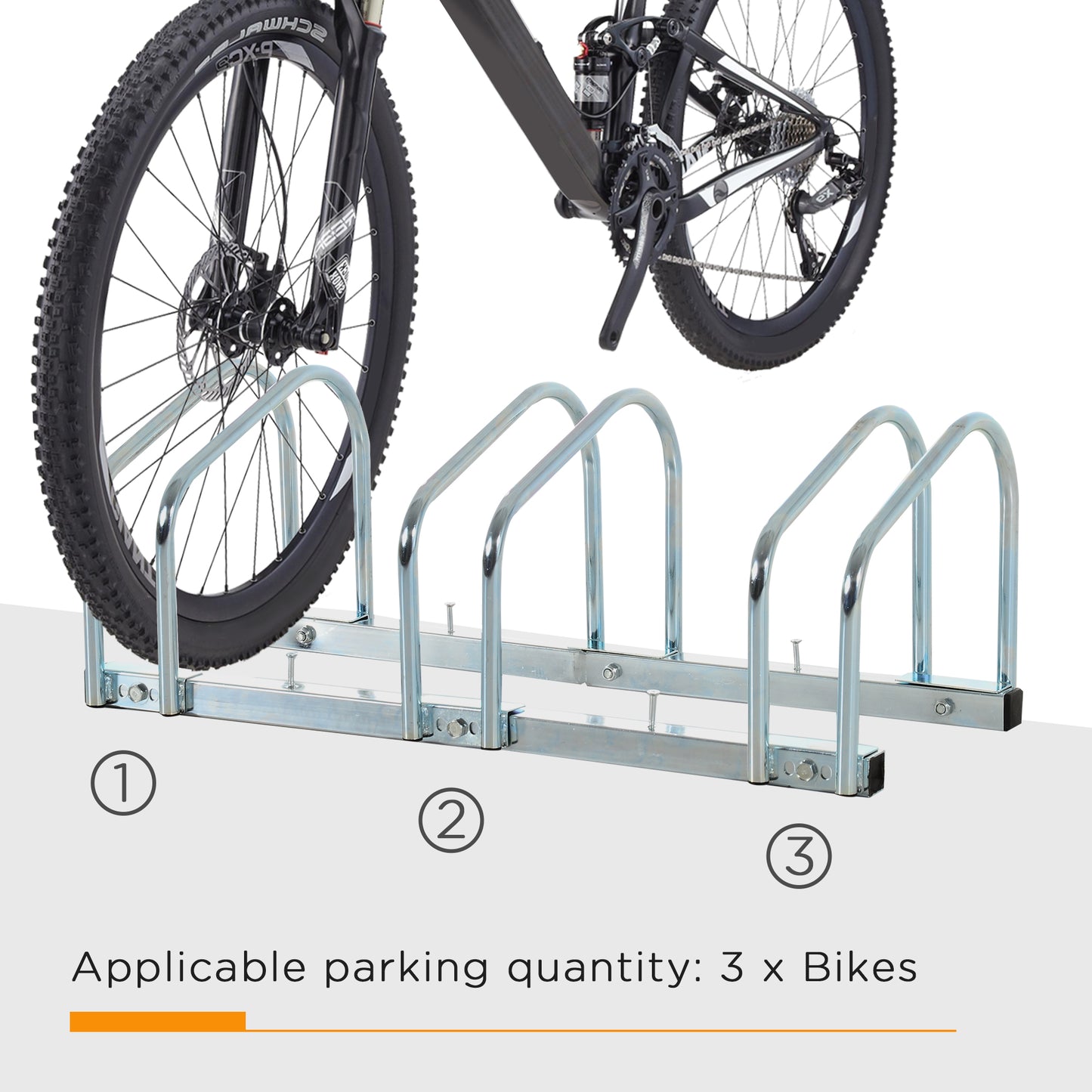 3-Bike Bicycle Floor Parking Rack Cycling Storage Stand Ground Mount Garage Organizer for Indoor and Outdoor Use Silver