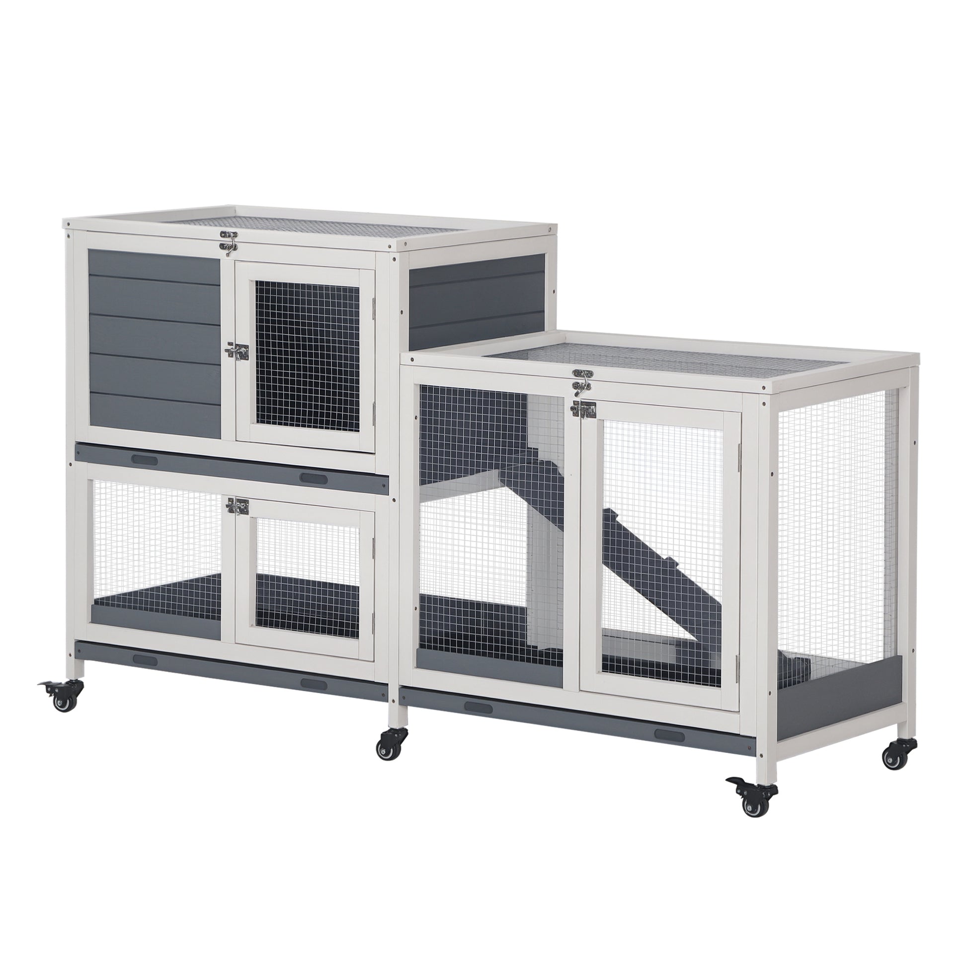 Wooden Rabbit Hutch Elevated Pet House Bunny Cage Small Animal Habitat with Slide-out Tray Lockable Door Openable Top fo