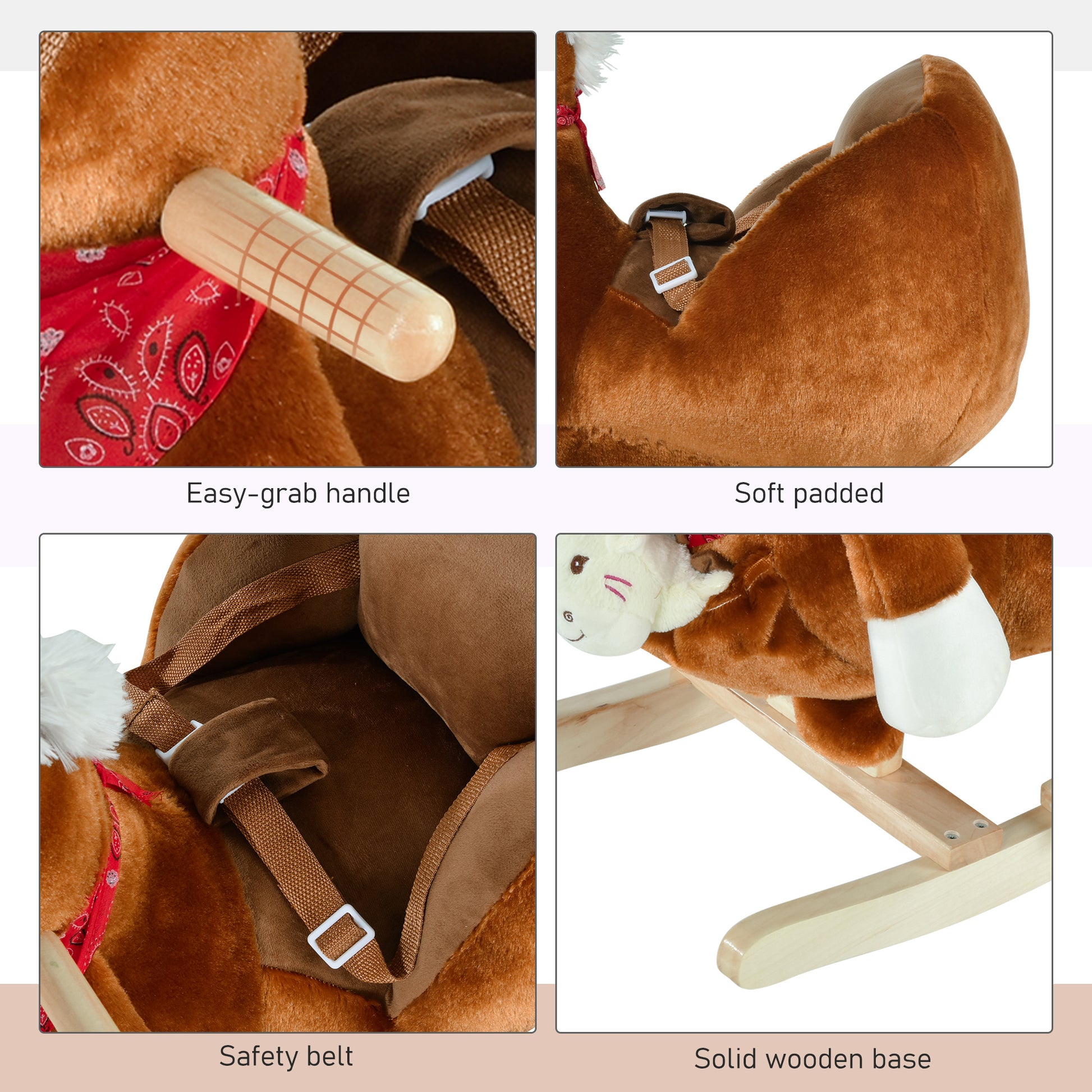 Qaba Baby Rocking Horse, Plush Animal Rocker for Toddlers Aged 18-36 Months, Stuffed Ride Toy with Hand Puppet, Sounds, 