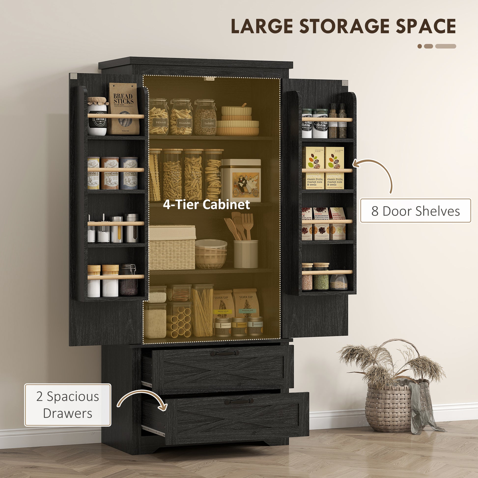 Farmhouse Kitchen Pantry Storage Cabinet, 64" Freestanding Kitchen Pantry Cabinet with Drawers, Distressed Black