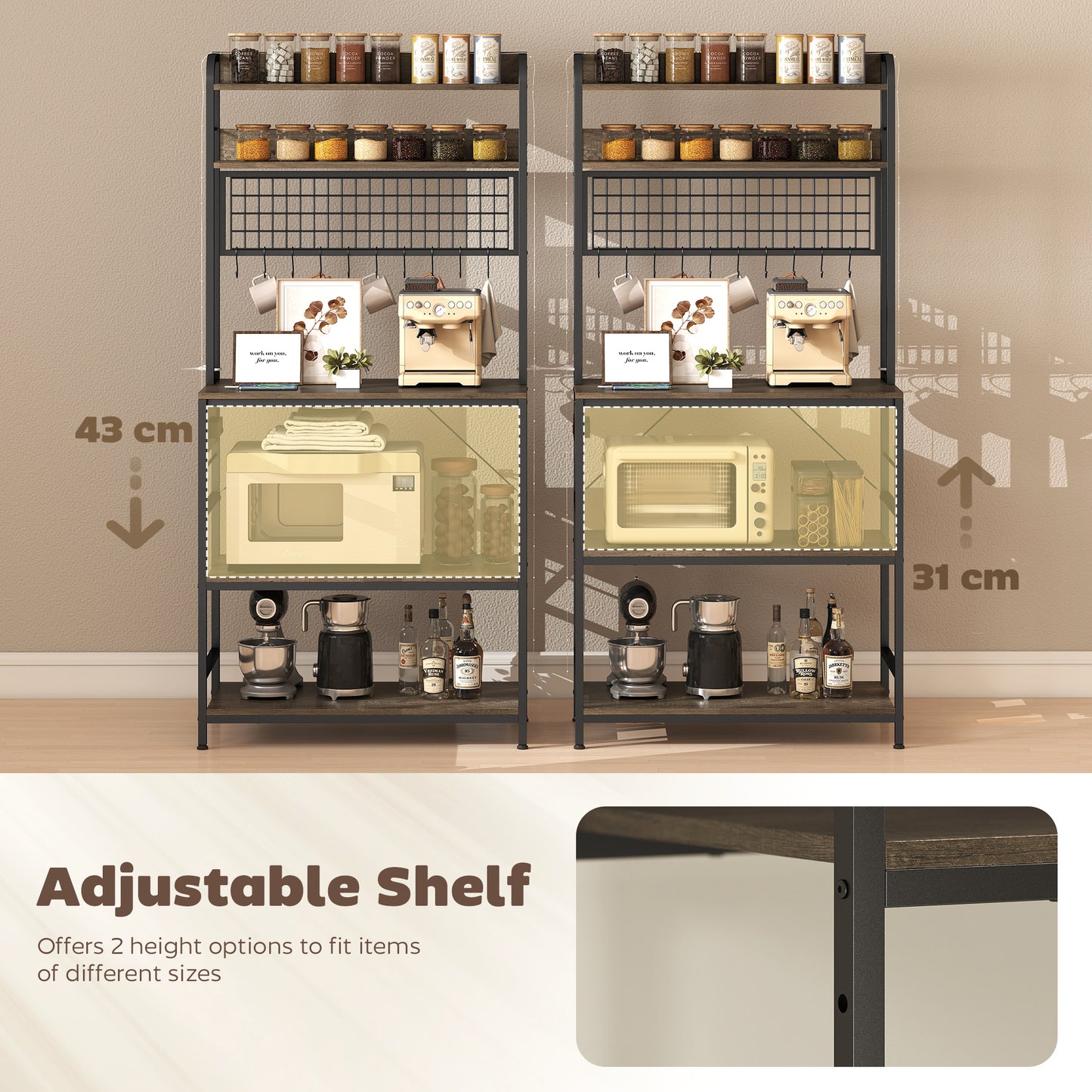 Kitchen Baker's Rack with Power Outlet and LED Light, 5-Tier Coffee Bar Station with 10 Hooks, Grey