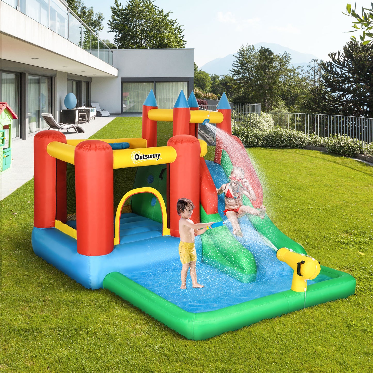 Kids Inflatable 6 in 1 Bouncy Castle House Trampoline Slide Water Pool Gun Climbing Wall Basket with Inflator for Kids A