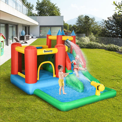 Kids Inflatable 6 in 1 Bouncy Castle House Trampoline Slide Water Pool Gun Climbing Wall Basket with Inflator for Kids A