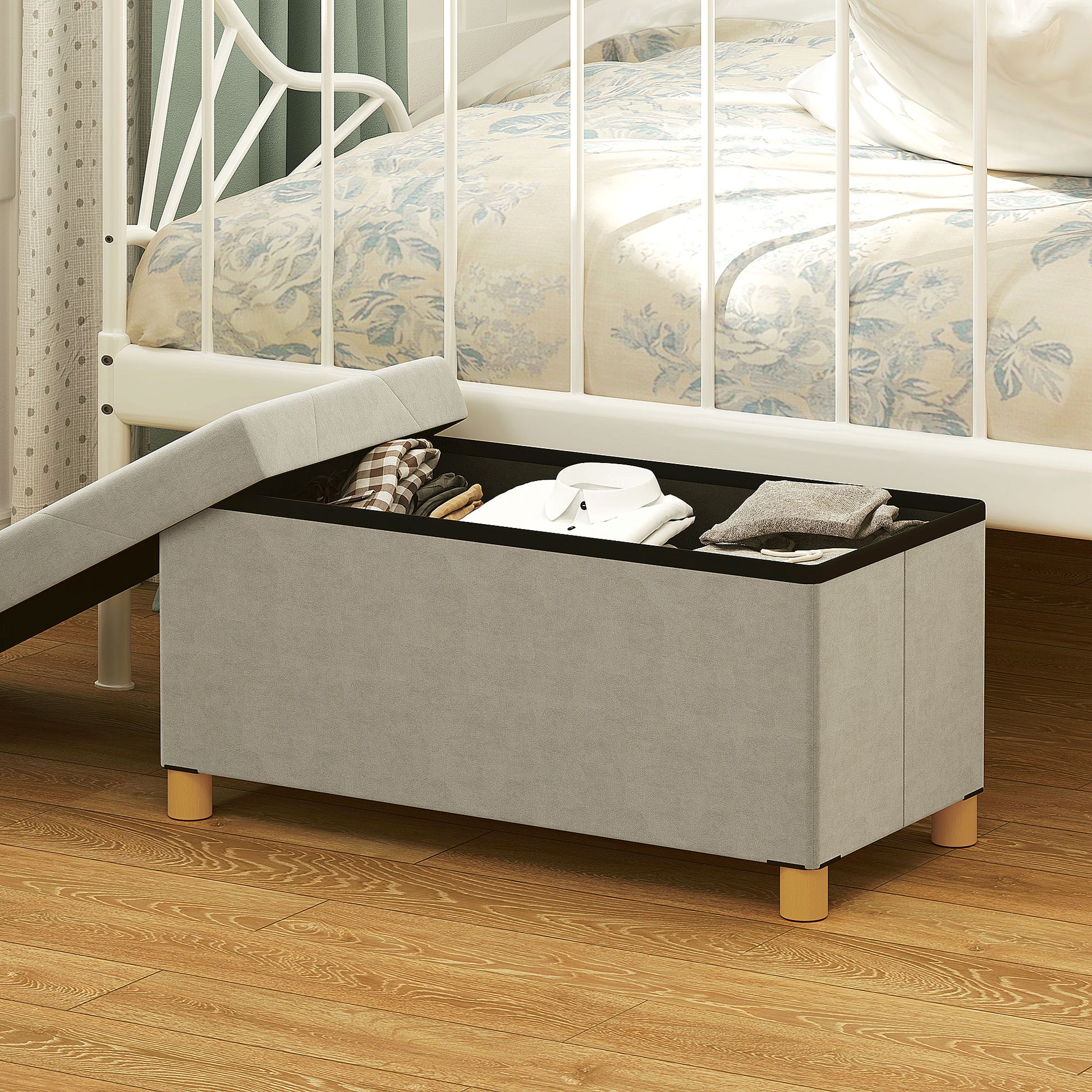 Storage Ottoman Bench, Velvet Upholstered Foldable Ottoman Footrest, Foot Stool with Wood Legs for Living Room, Bedroom