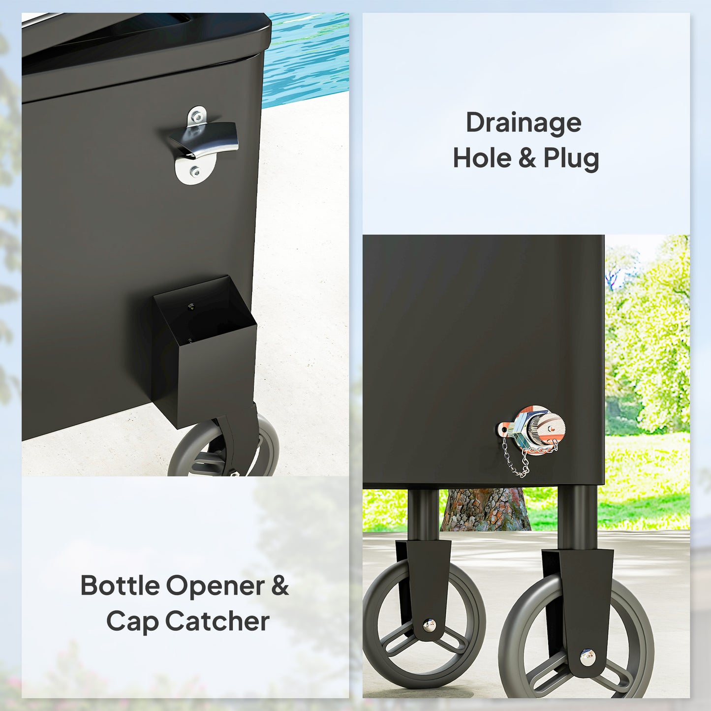 80-Qt Outdoor Patio Cooler Cart, Rolling Ice Chest with Adjustable Handle, Wheels, Bottle Opener, Drainage, Outdoor Beve