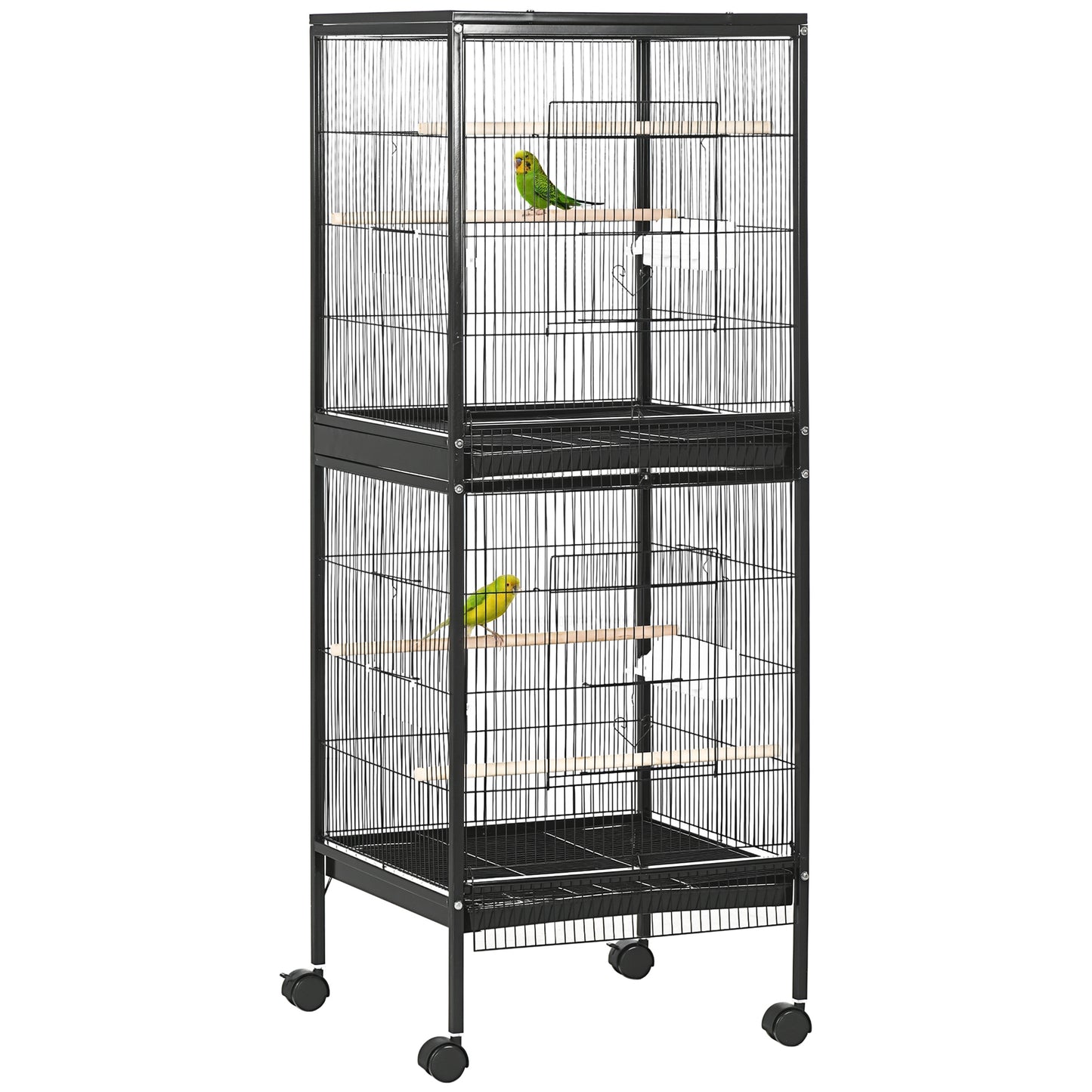 55.1" 2 In 1 Bird Cage Aviary Parakeet House for finches, budgies with Wheels, Slide-out Trays, Wood Perch, Food Contain