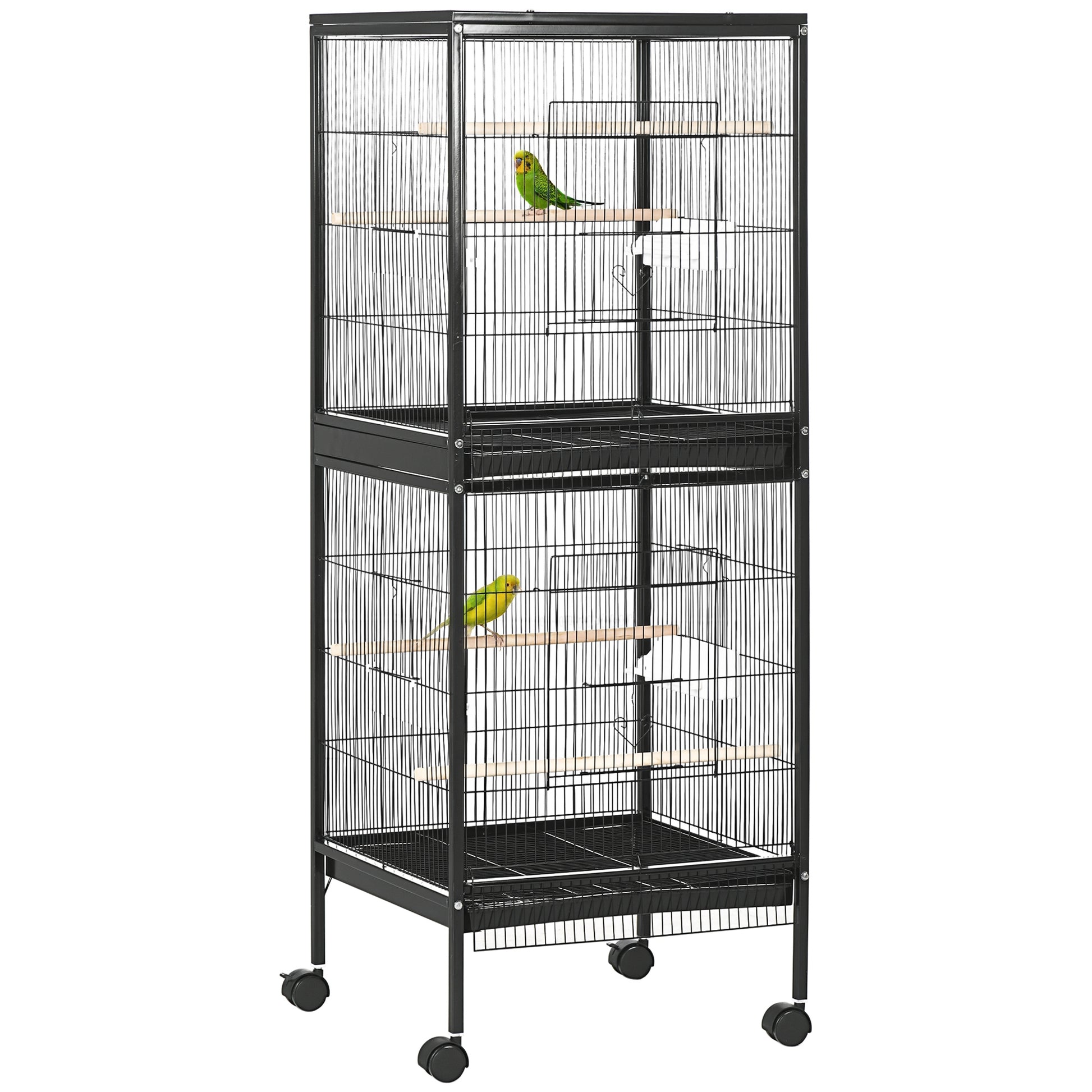 55.1" 2 In 1 Bird Cage Aviary Parakeet House for finches, budgies with Wheels, Slide-out Trays, Wood Perch, Food Contain
