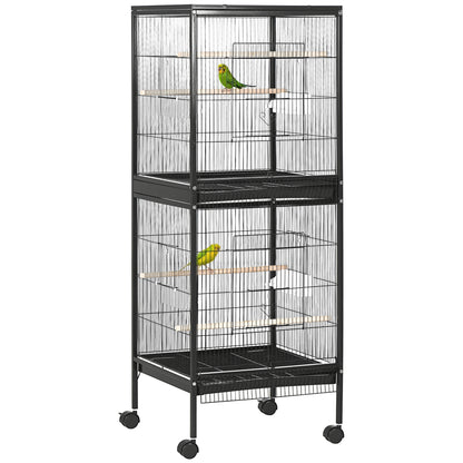 55.1" 2 In 1 Bird Cage Aviary Parakeet House for finches, budgies with Wheels, Slide-out Trays, Wood Perch, Food Contain