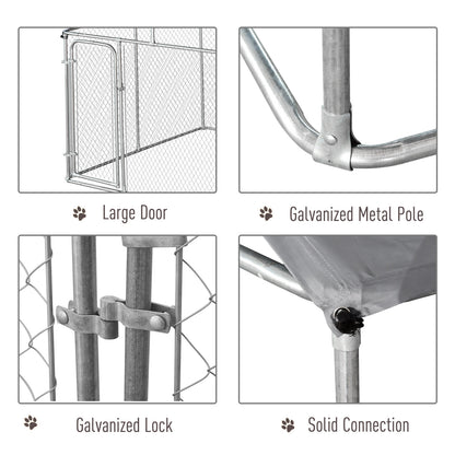 Dog Kennel Outdoor Run Fence with Roof, Steel Lock, Mesh Sidewalls for Backyard & Patio, 9.8' x 9.8' x 7.7'