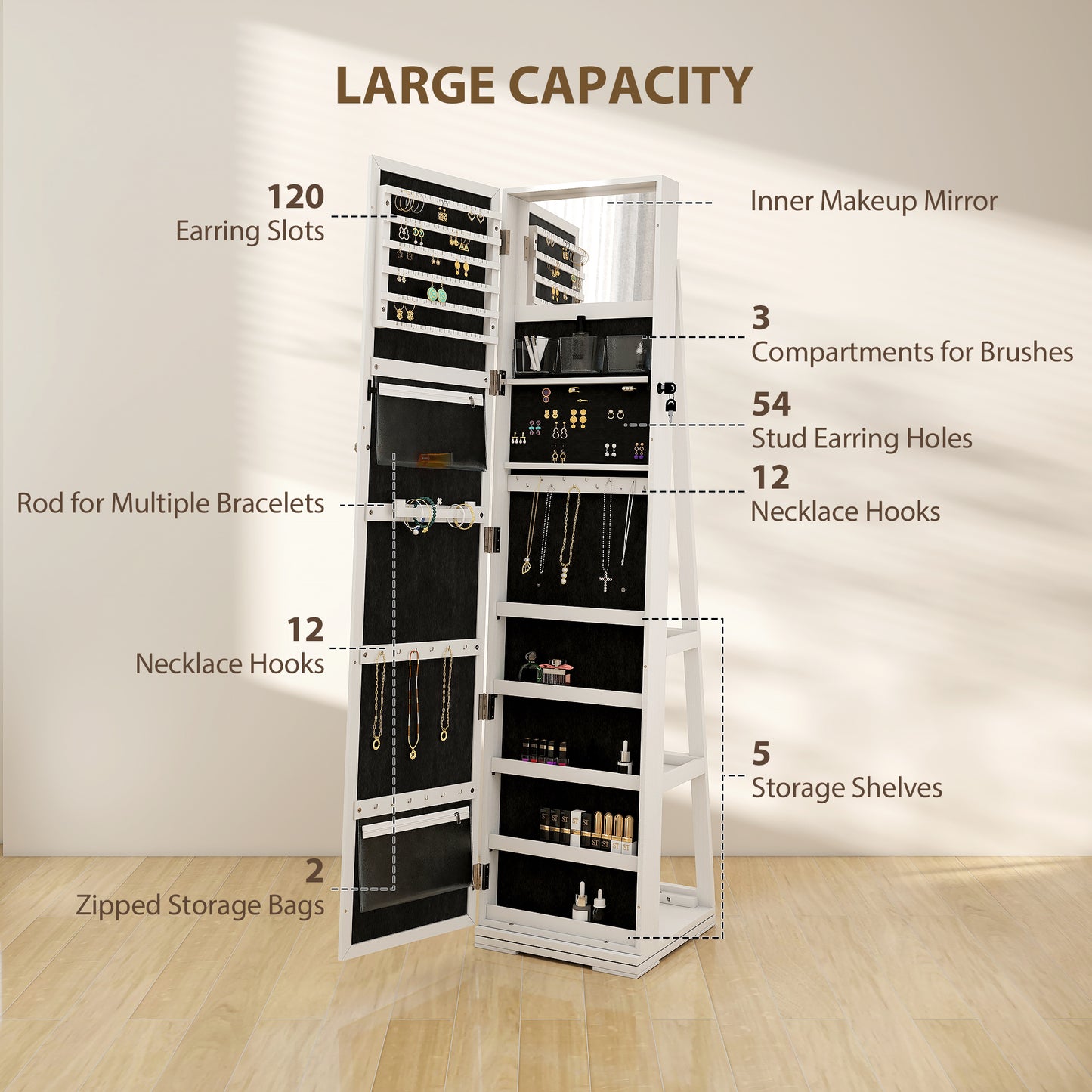 360° Swivel Jewelry Armoire, Lockable Mirror Jewelry Cabinet with Built-In Small Mirror, White