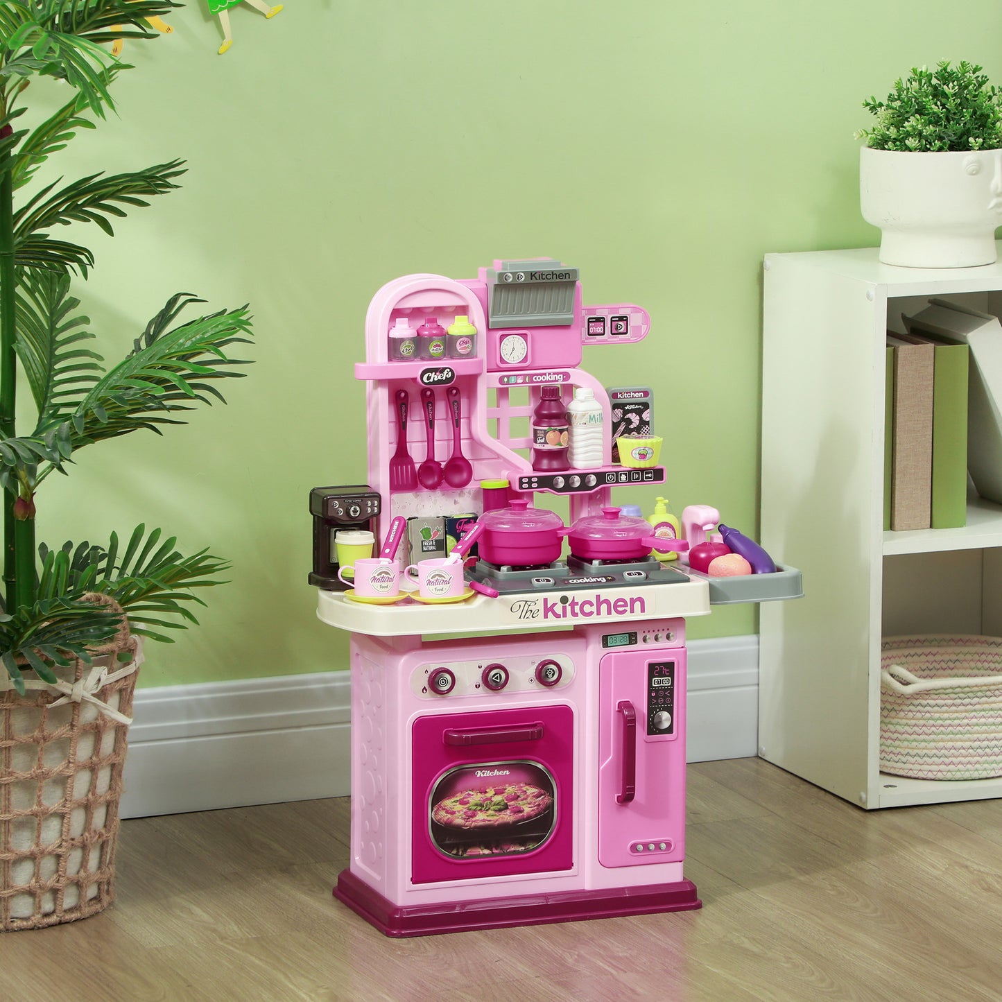 Qaba Kids Play Kitchen with Lights, Sounds, 33 Accessories & Storage for Toddler 3-6 Years