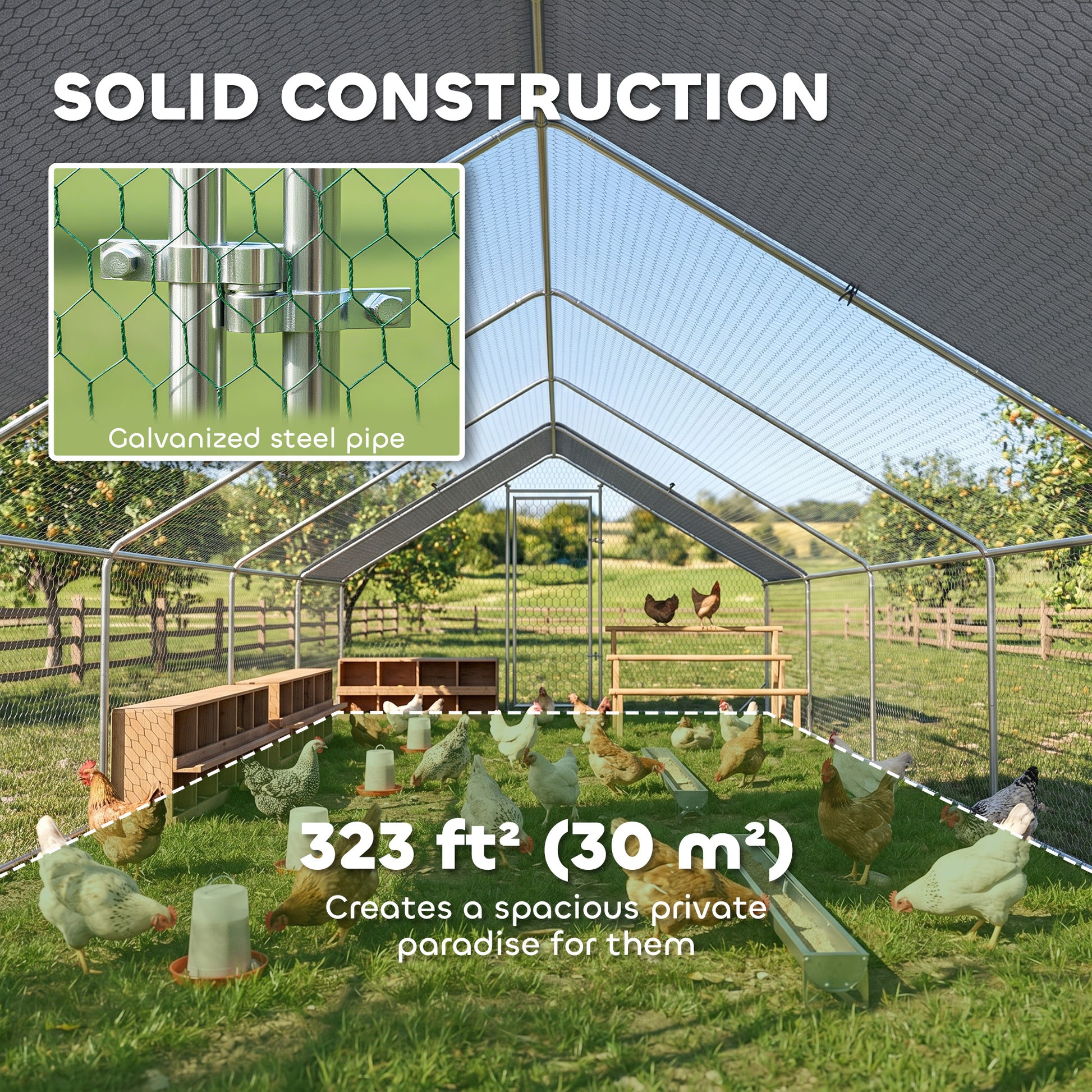 Metal Chicken Coop with Water- and UV-Protection Cover for Backyard Hen, Duck, Rabbit, 32.8' x 9.8' x 6.4'