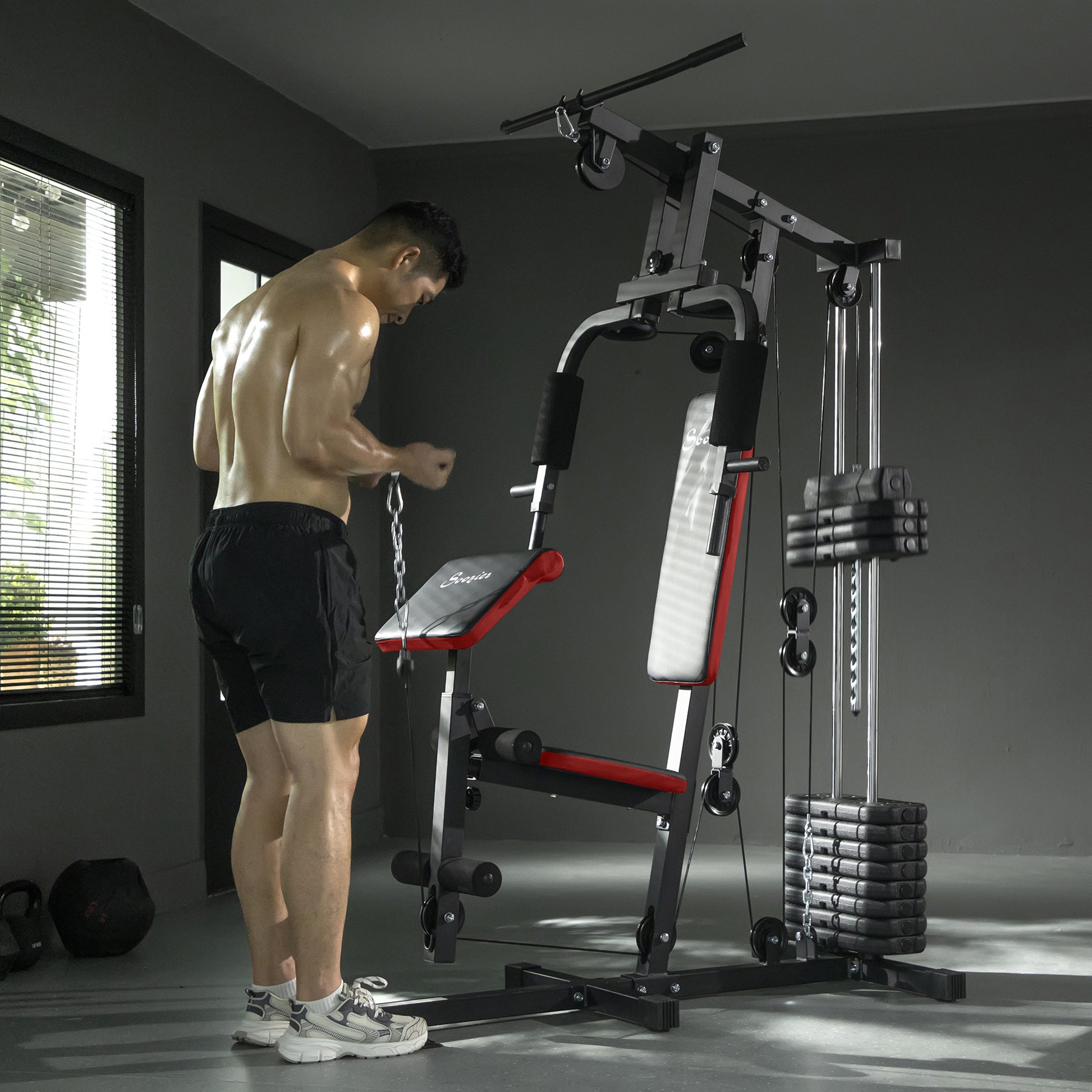 Soozier Home Gym Equipment Weight Training Machine, Multifunction Workout Machine with 143lbs Weight Stack for Full Body