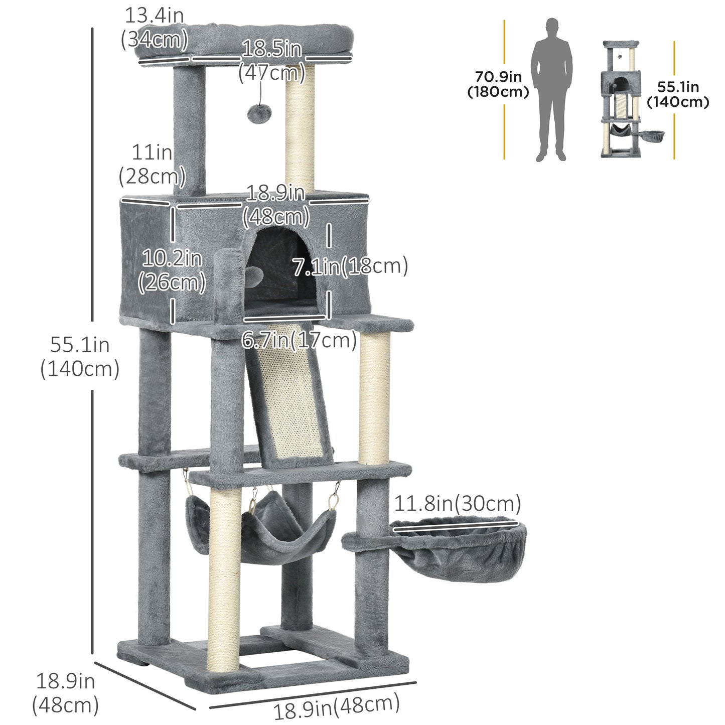 55" Cat Tree for Indoor Cats, Cat Tower, Kitty Activity Center with Cat Bed Ramp Condo Hammocks Hanging Ball Toys Sisal 