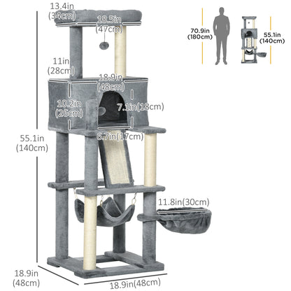 55" Cat Tree for Indoor Cats, Cat Tower, Kitty Activity Center with Cat Bed Ramp Condo Hammocks Hanging Ball Toys Sisal 
