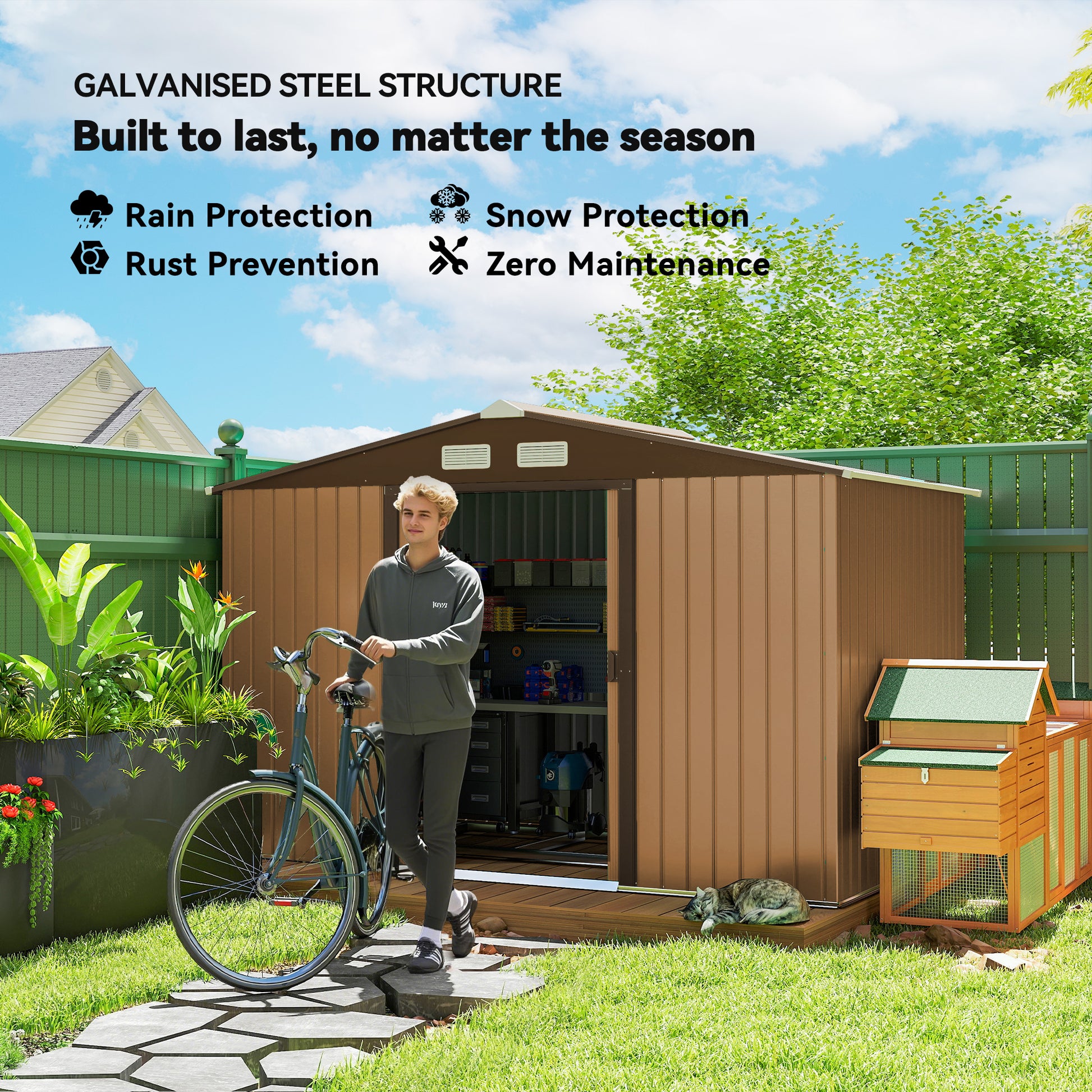 9.1 x 6.4 x 6.3 ft Garden Metal Storage Shed with Floor Foundation, Durable Outdoor Tool Storage House with Double Doors