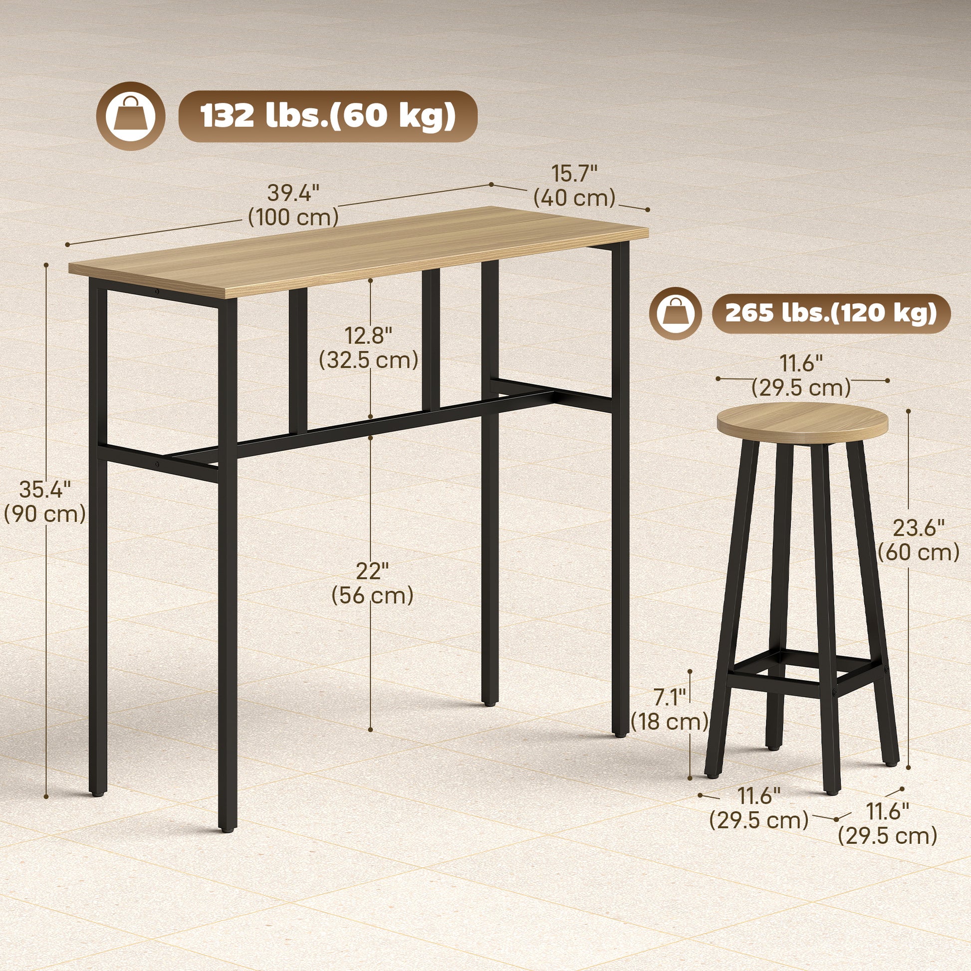 Bar Table Set of 6, Bar Table and Stools for 4, 2 Breakfast Tables and 4 Stools for Living Room, Grey-Brown