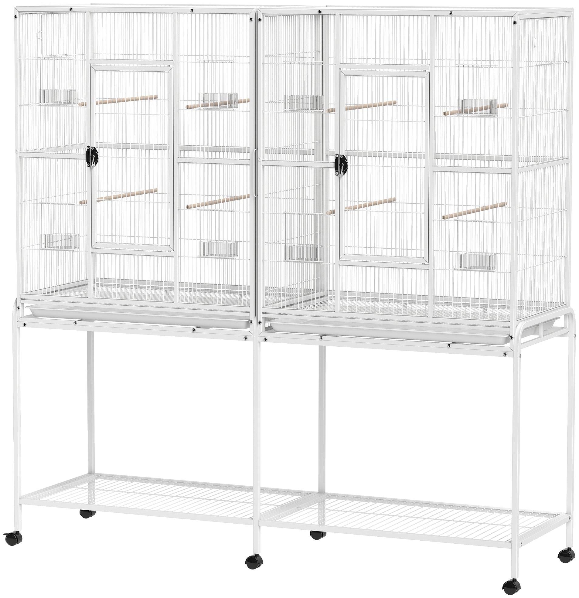 64" Large Rolling Bird Cage Bird House with Detachable Rolling Stand, Storage Shelf, Wood Perch Food Container, White