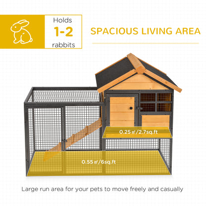 Rabbit Hutch Outdoor, 48"L Large Wooden Bunny Cage with Run, Bite-Resistant Metal Frame, Removable Plastic Tray, Asphalt