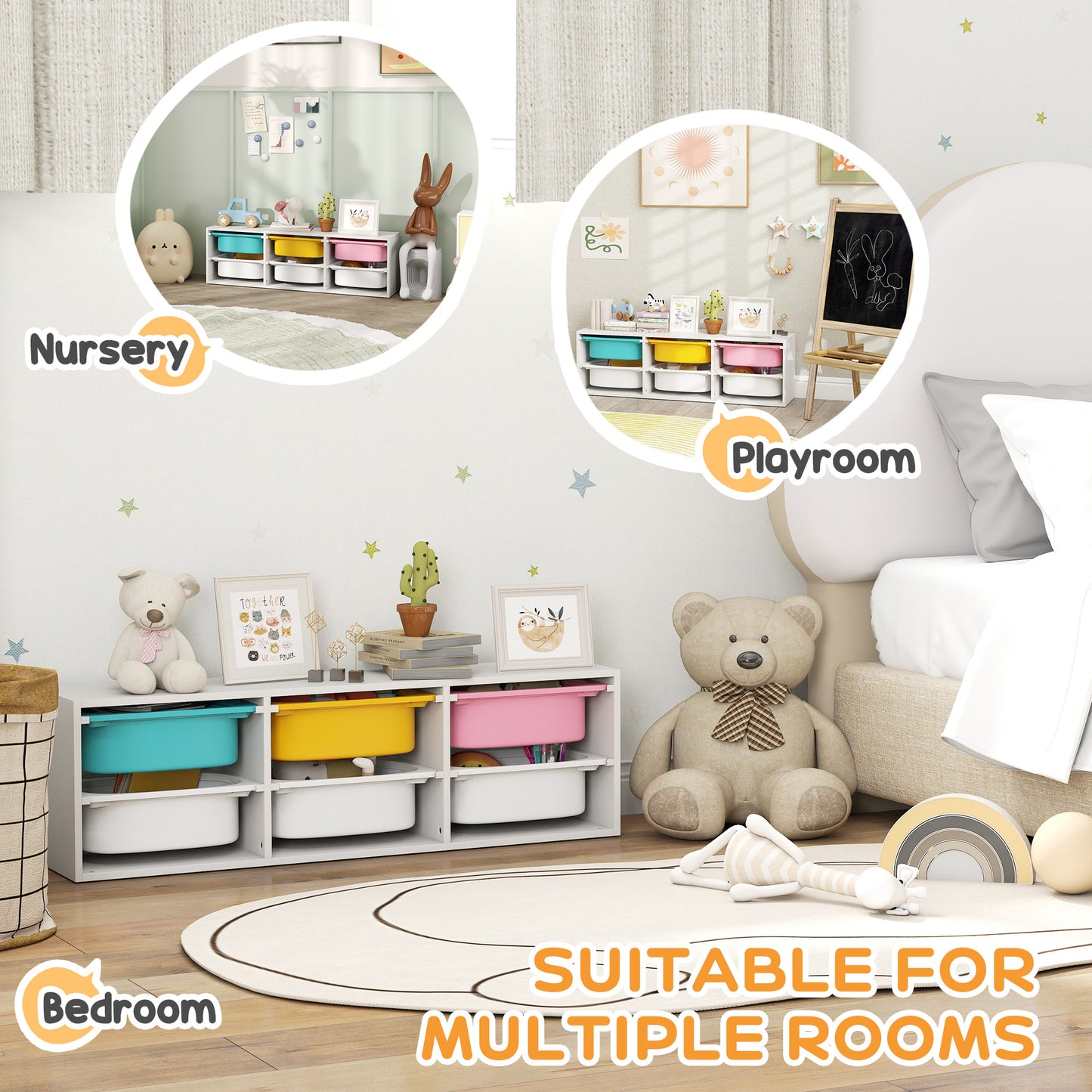 Qaba Kids Toy Storage Organizer with 6 Removable Plastic Bins for Toddlers, Toy Box for Bedroom, Nursery, Playroom