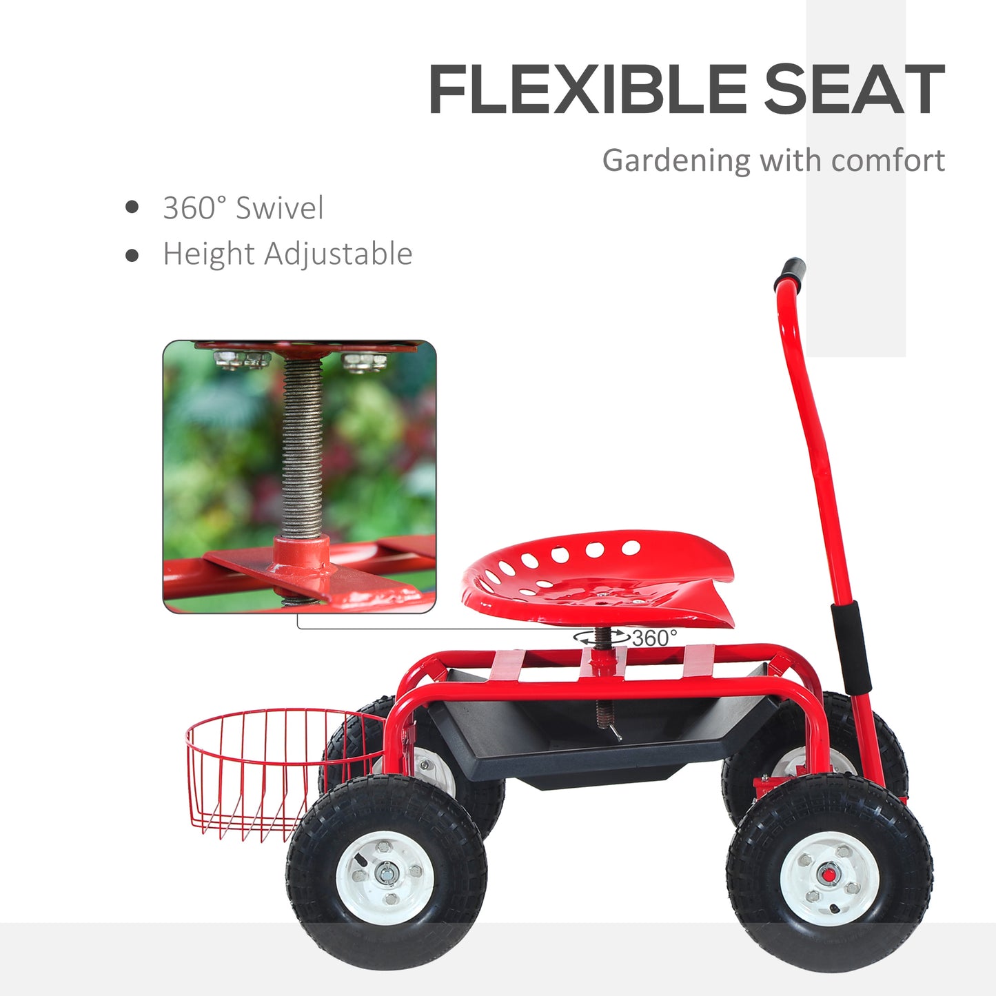 Garden Scooter, Rolling Cart with Swivel and Adjustable Seat, Tool Tray, Bucket Basket, Red and Black