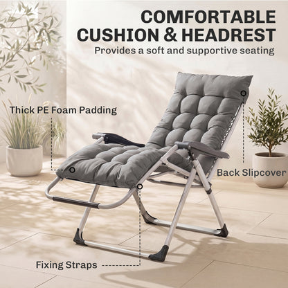 Reclining Zero Gravity Chair with Adjustable Backrest, Folding Garden Sun Lounger, Outdoor Recliner with Removable Cushi