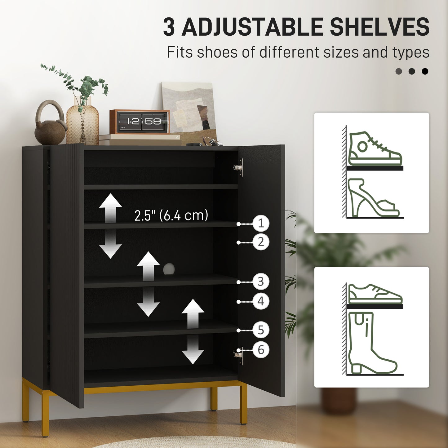 Shoe Storage Cabinet with Adjustable Shelves and Soft-Close Hinges, for 15-20 Pairs of Shoes, Black