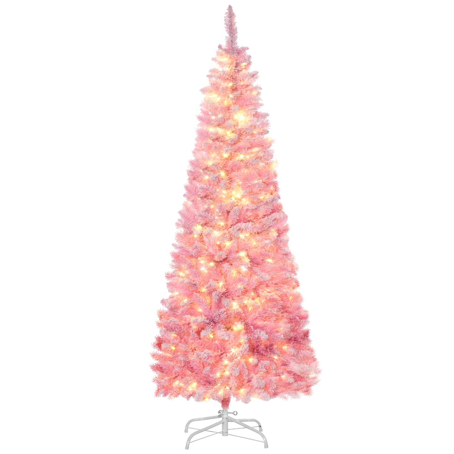 6 Foot Prelit Snow Flocked Artificial Christmas Tree with Pencil Shape, 500 Pine Realistic Branches, Warm White LED ligh